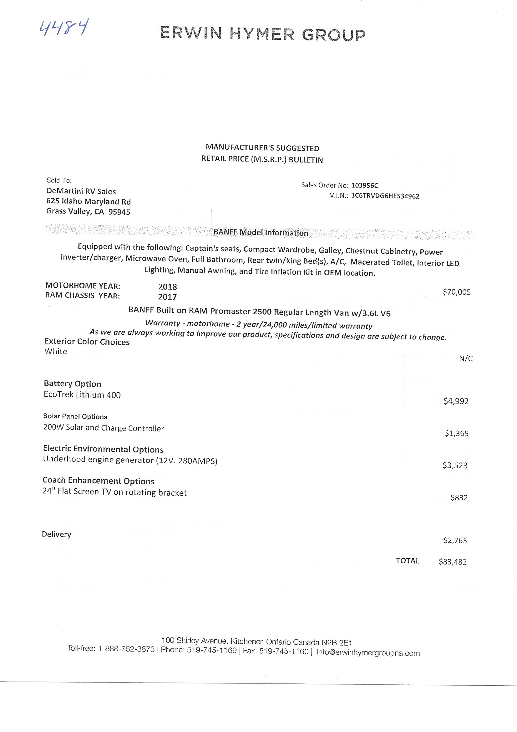 2018 Carado Banff MSRP Sheet