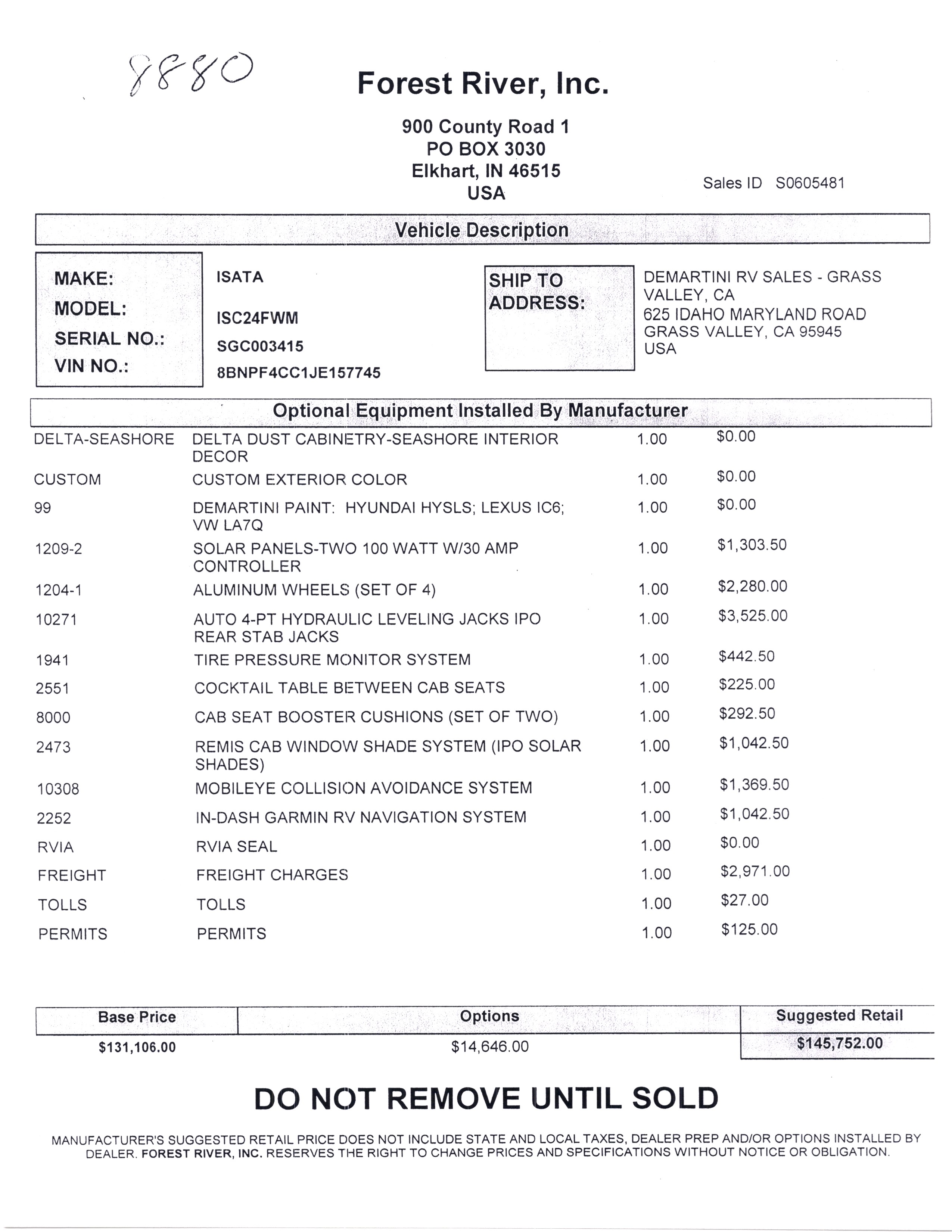 2020 Dynamax Isata 3 24FW MSRP Sheet