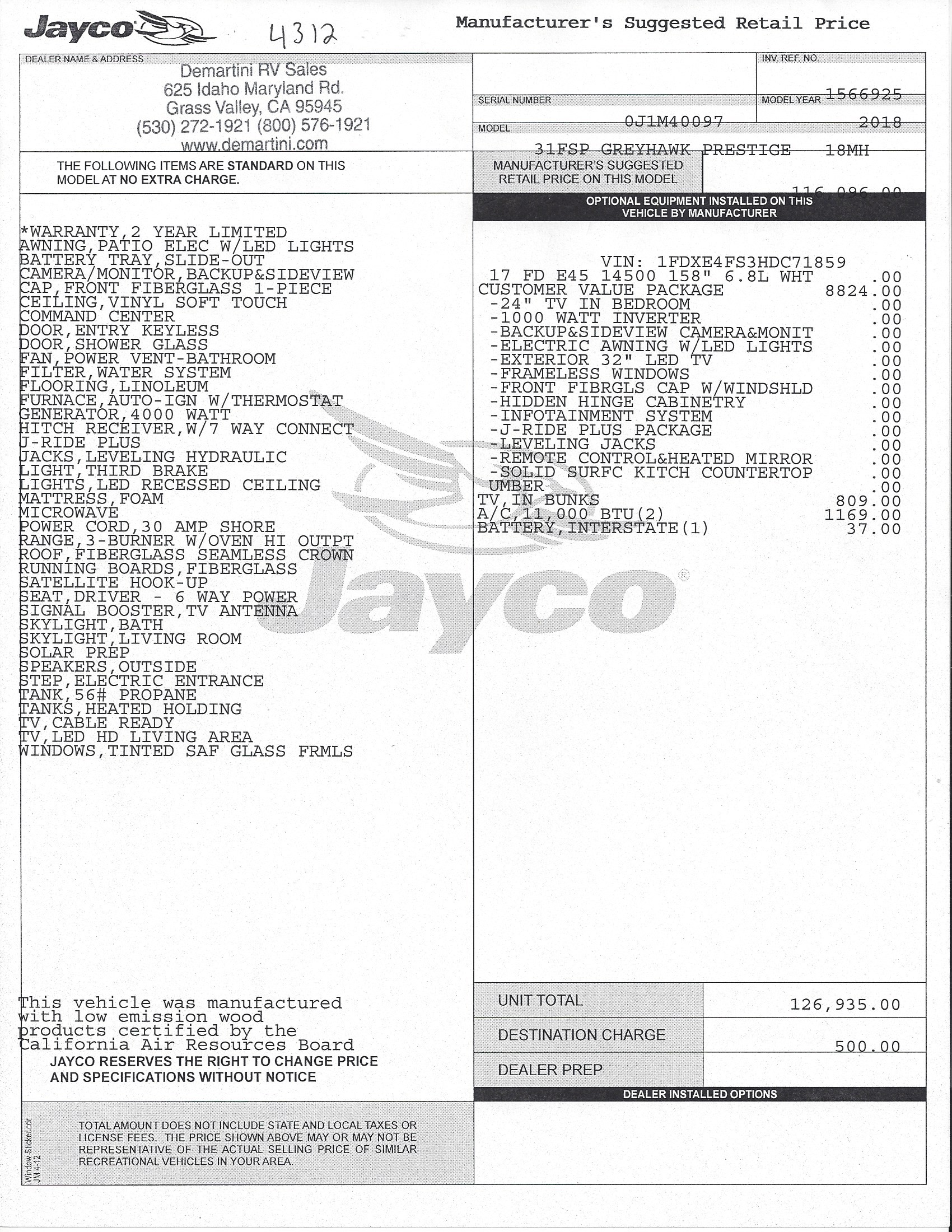 2018 Jayco Greyhawk Prestige 31FSP MSRP Sheet