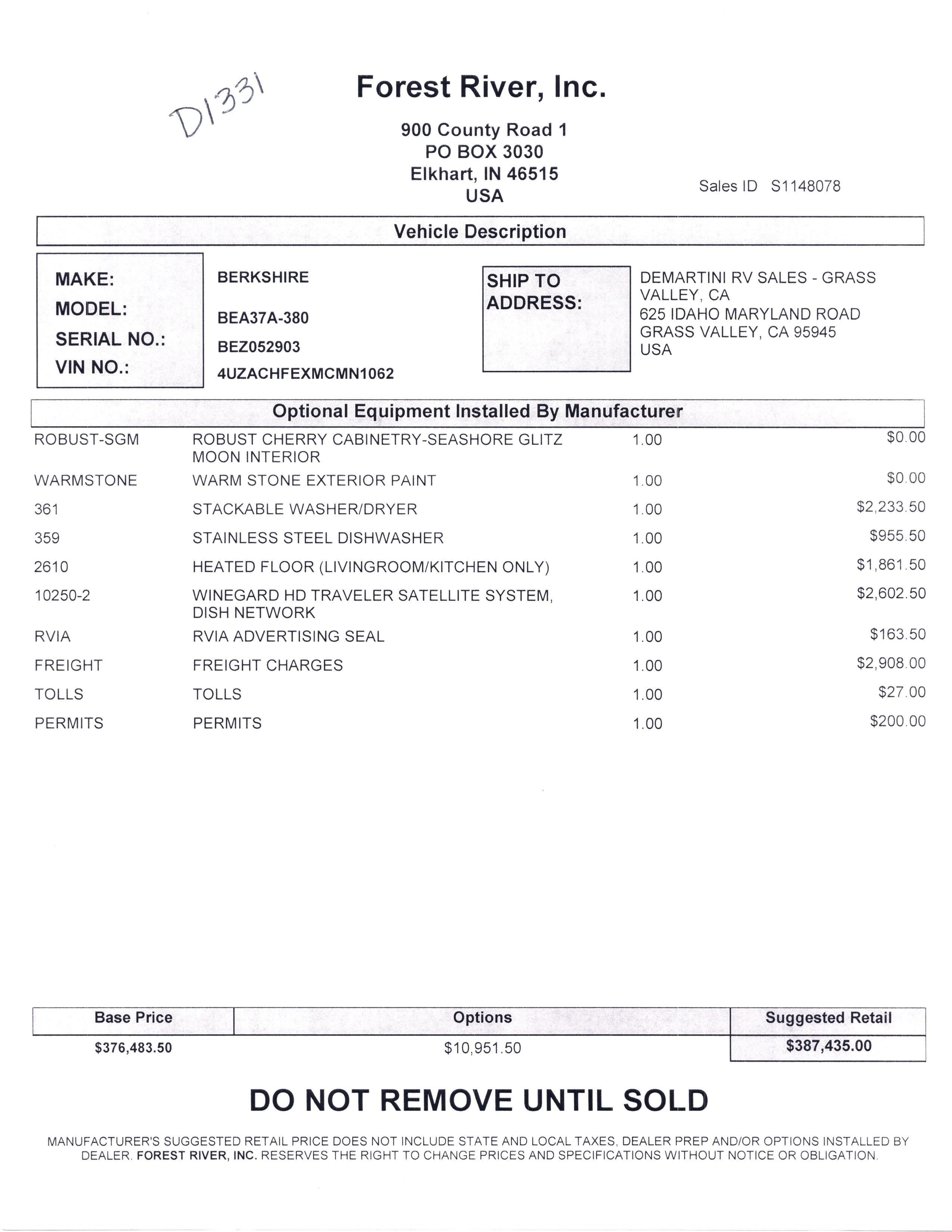 2021 Forest River Berkshire XL 37A MSRP Sheet