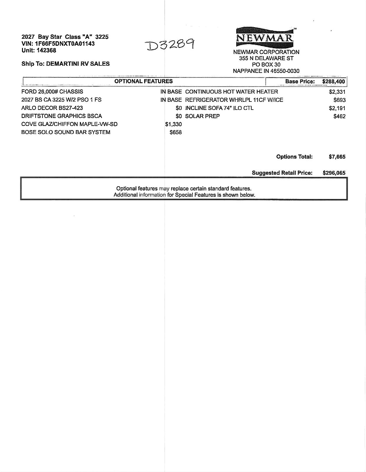 2027 Newmar Bay Star 3225 MSRP Sheet
