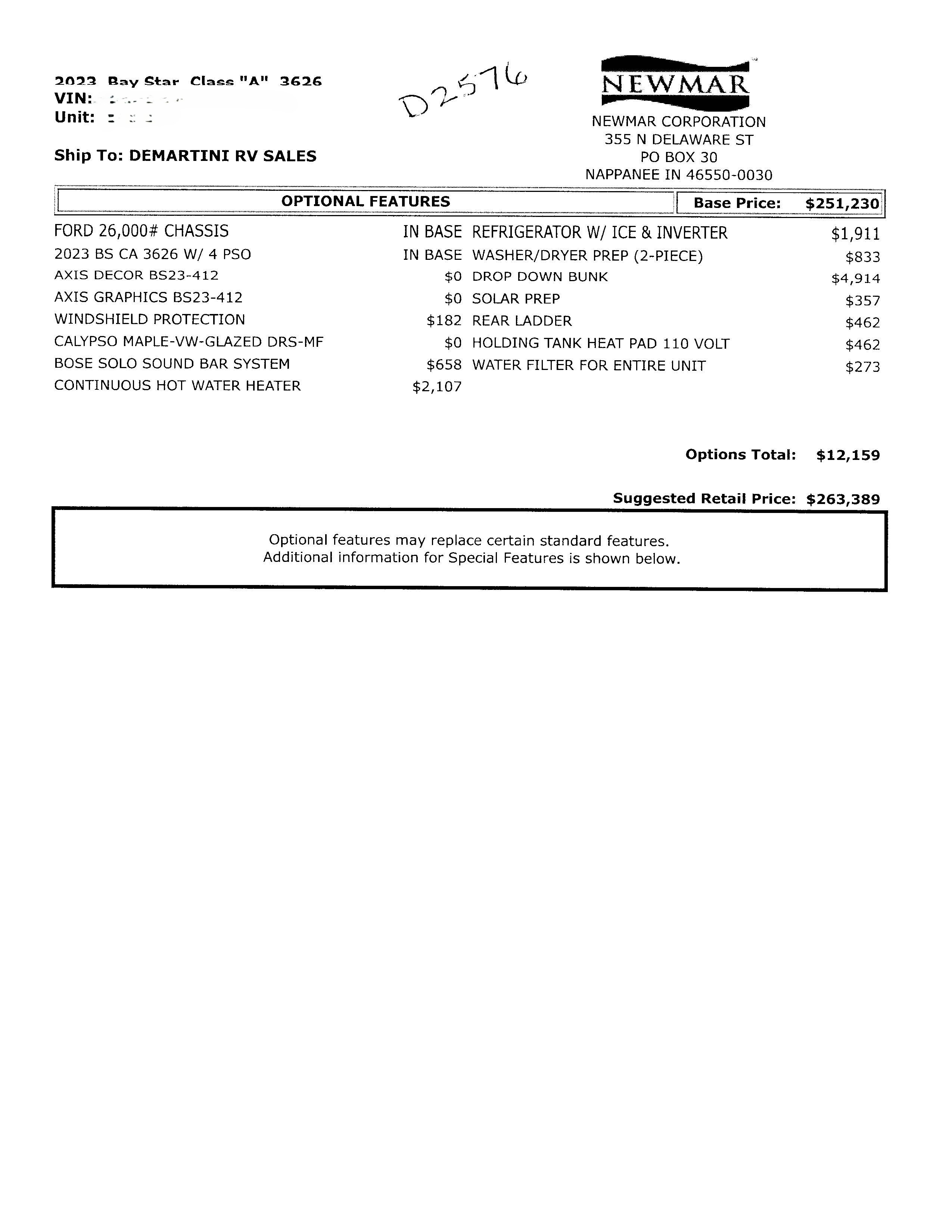 2023 Newmar Bay Star 3626 MSRP Sheet