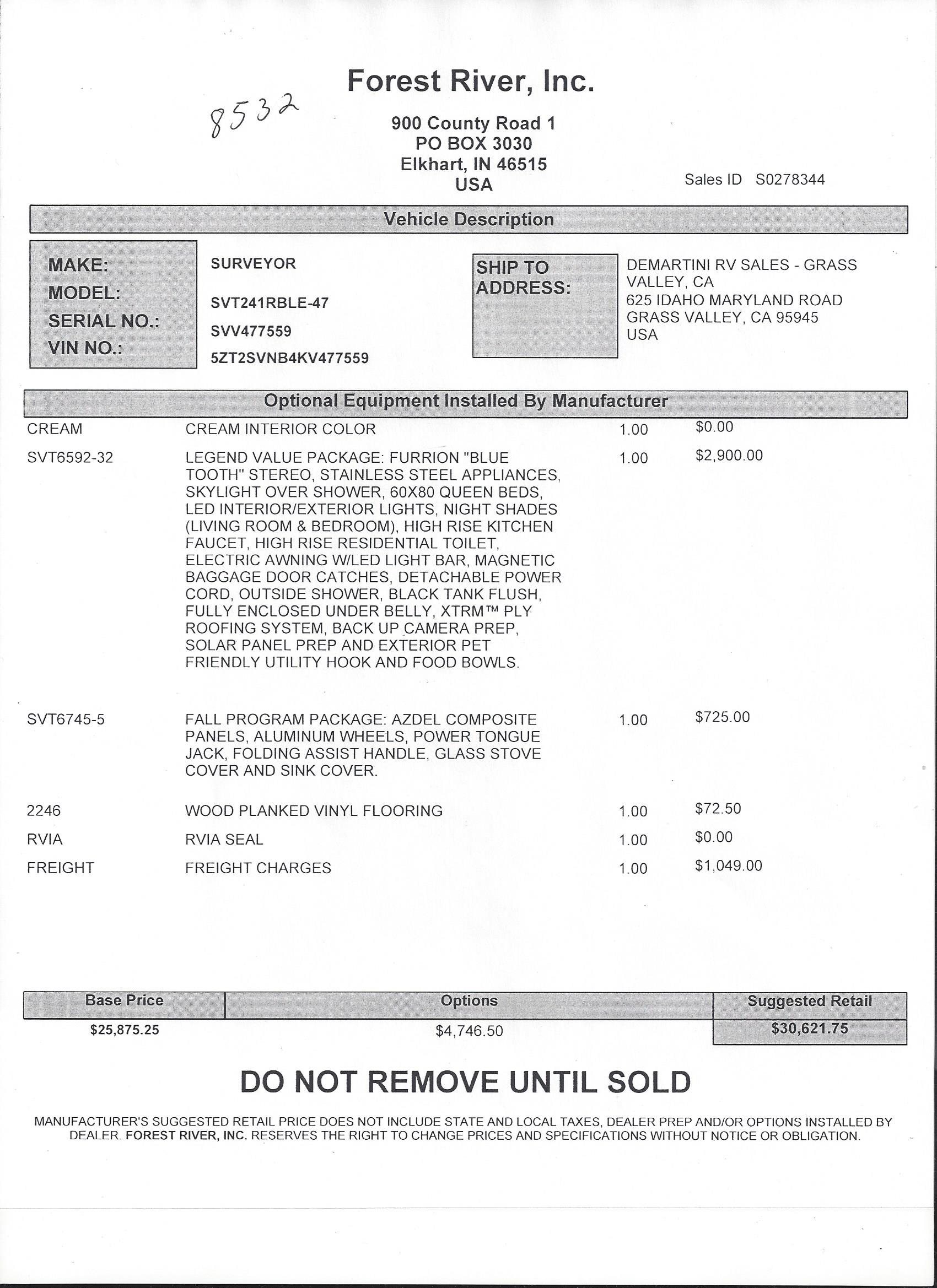 2019 Forest River Surveyor Legend 241RBLE MSRP Sheet