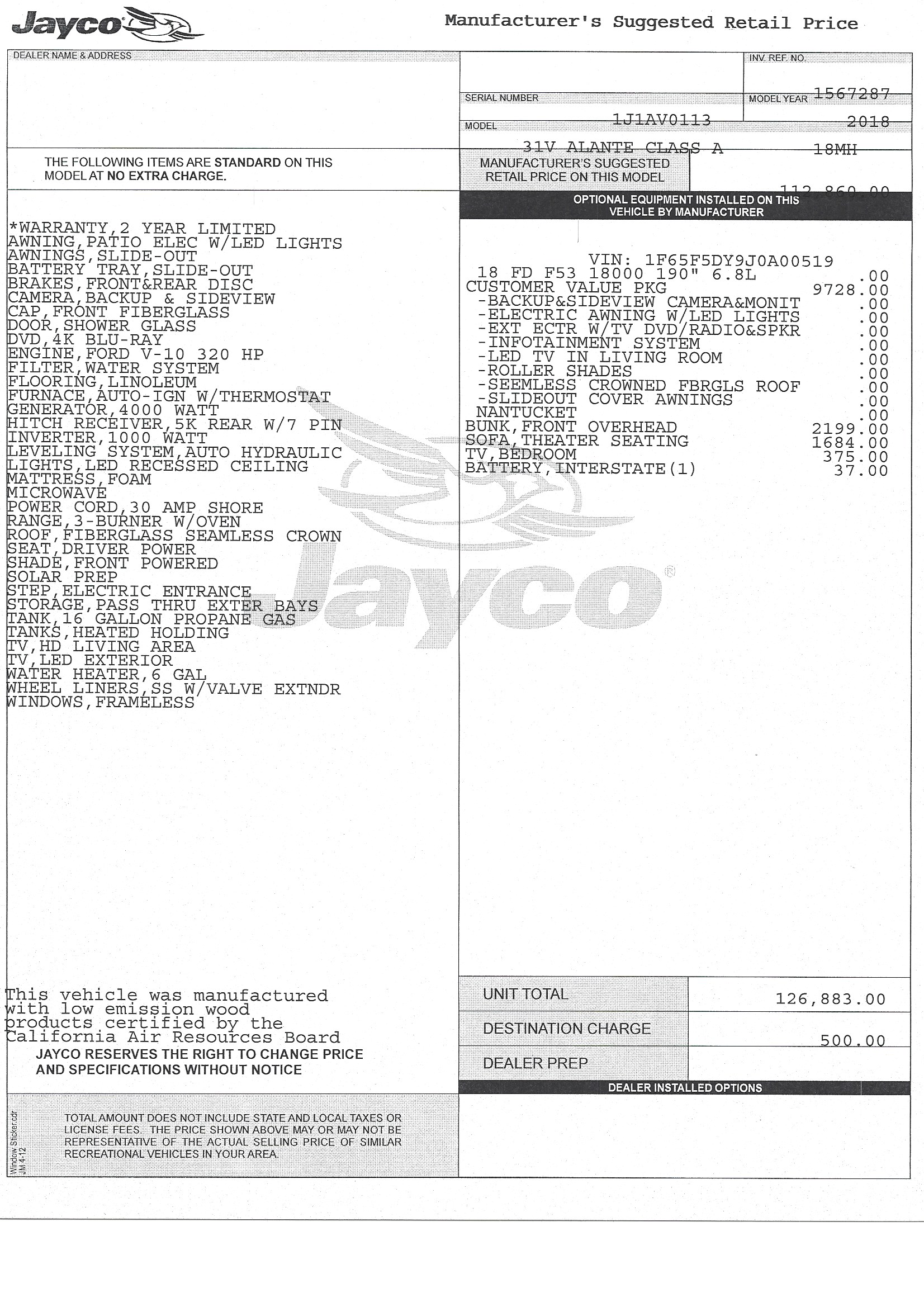 2018 Jayco Alante 31V MSRP Sheet