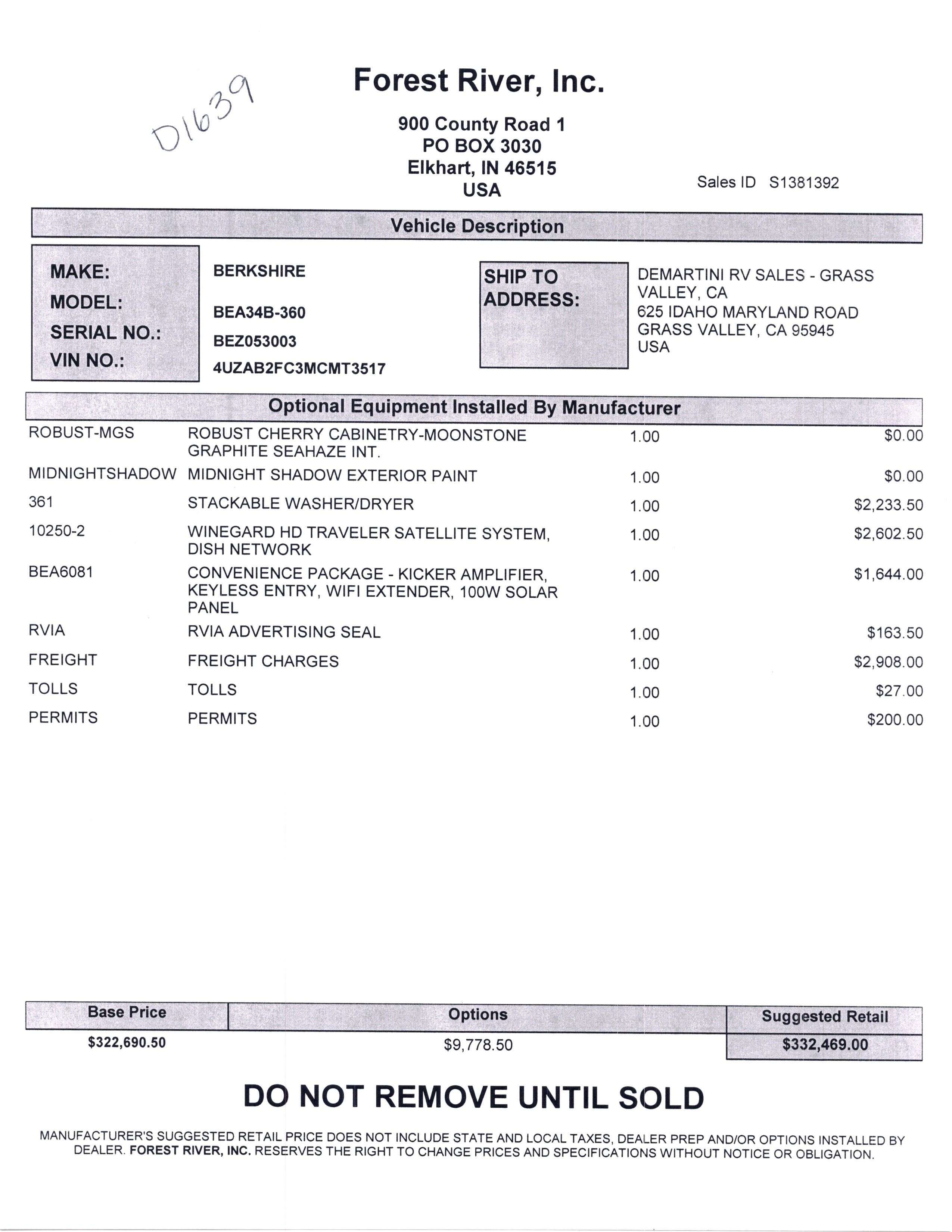 2021 Forest River Berkshire 34B MSRP Sheet