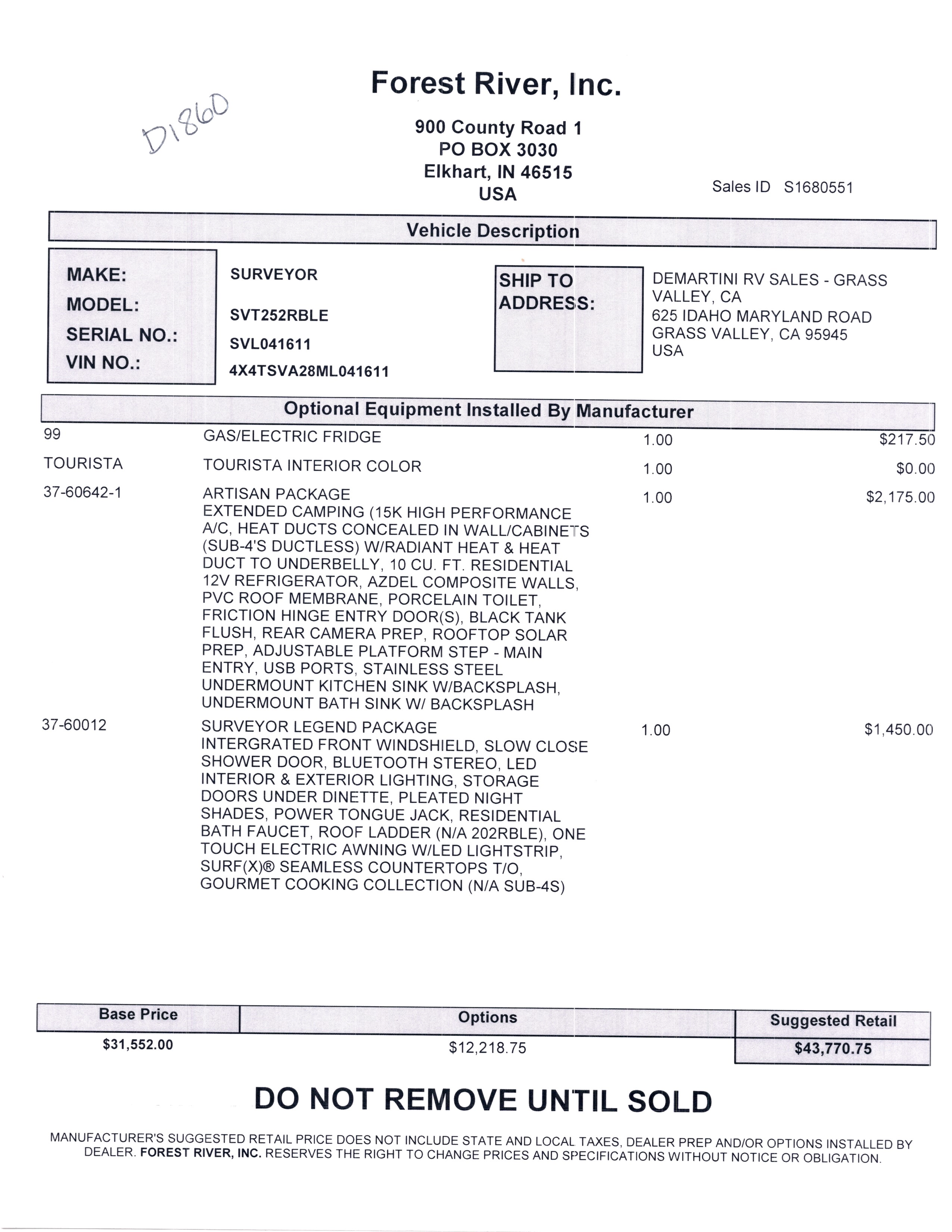 2021 Forest River Surveyor Legend 252RBLE MSRP Sheet