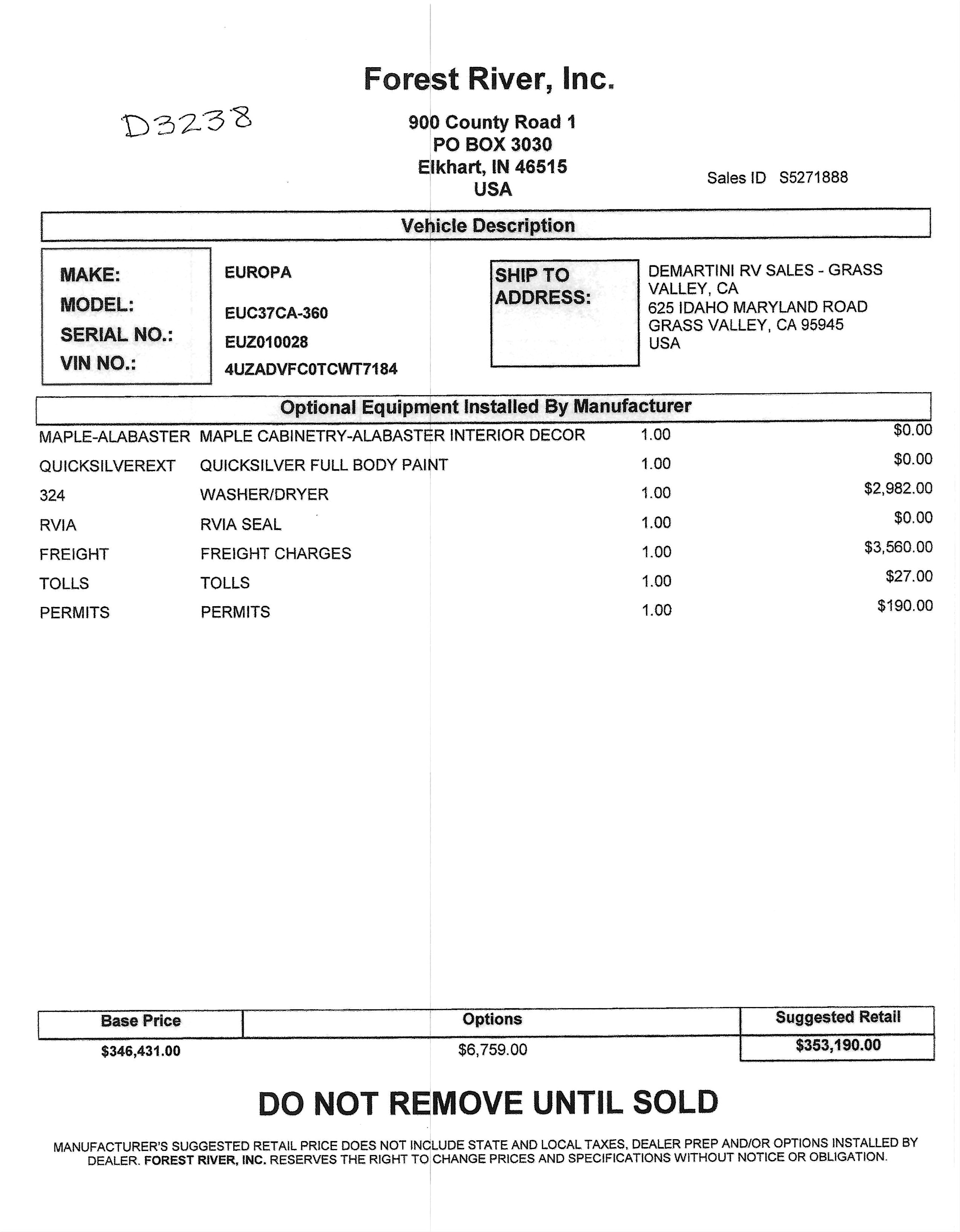 2026 Dynamax Europa S 37CA MSRP Sheet