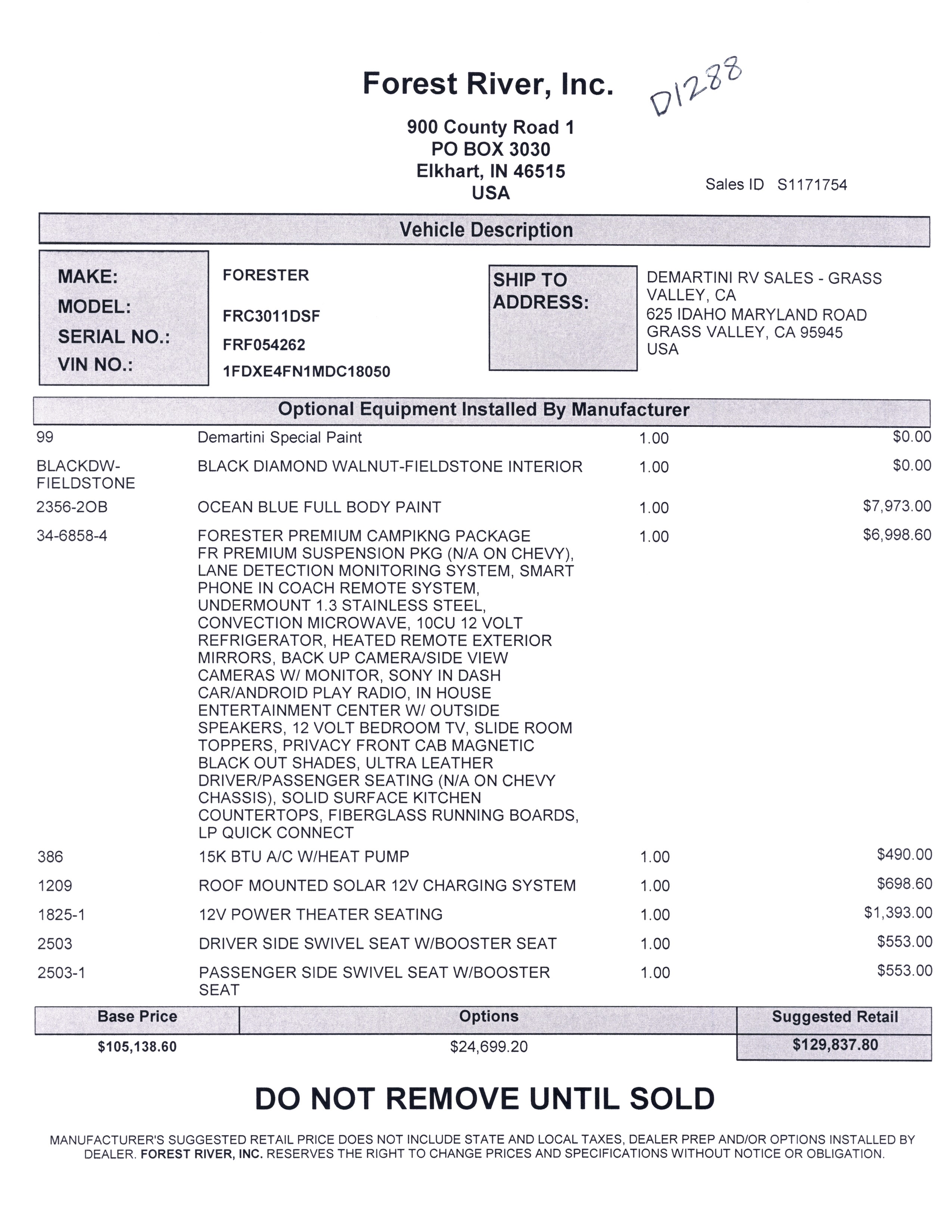 2021 Forest River Forester Classic 3011DS MSRP Sheet