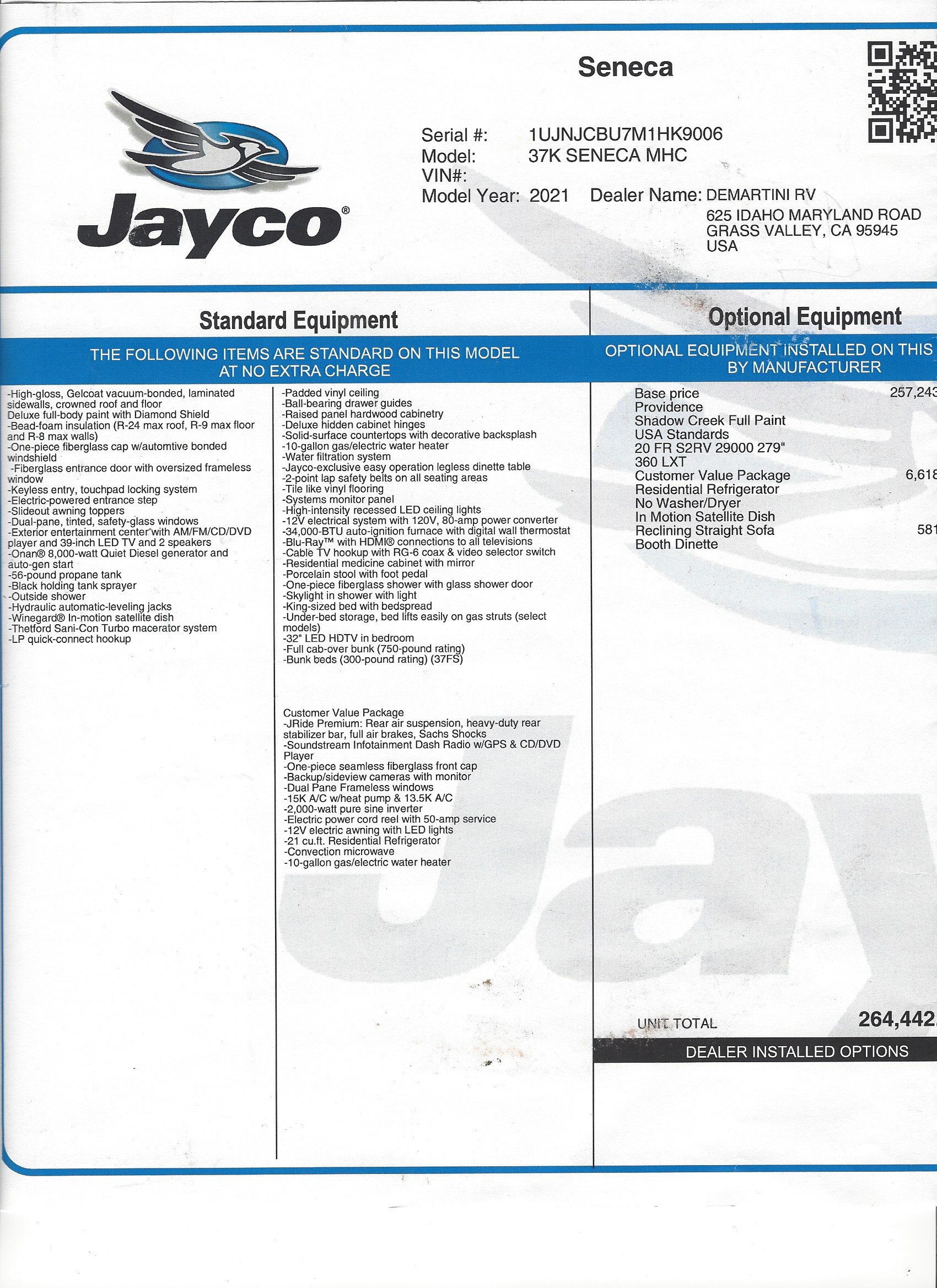 2021 Jayco Seneca 37K MSRP Sheet