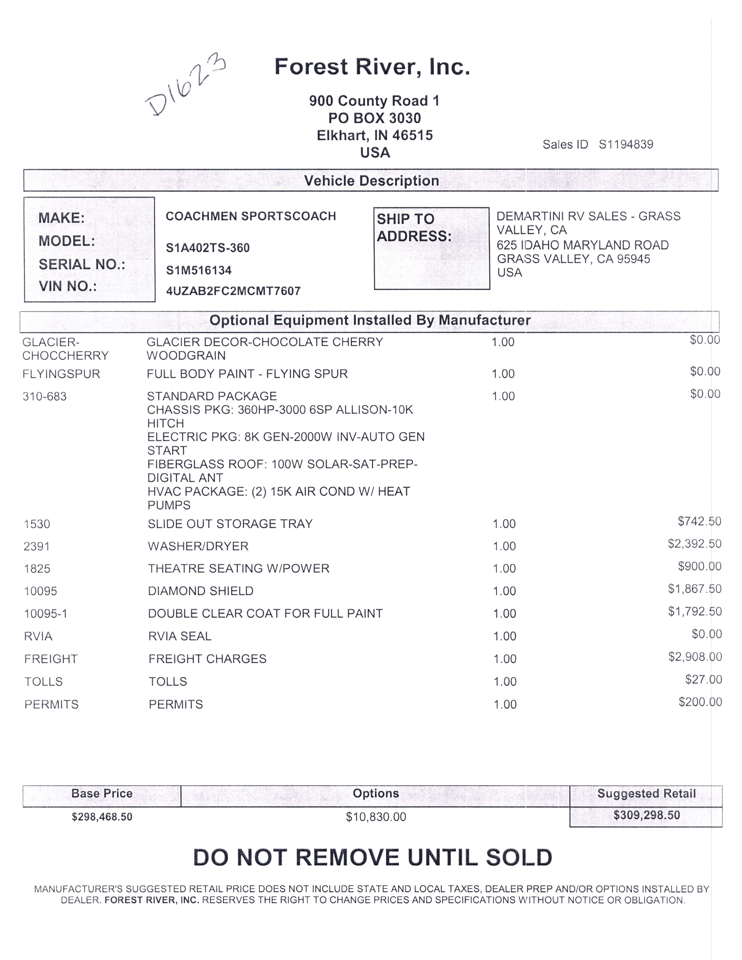 2021 Coachmen Sportscoach RD 402TS MSRP Sheet