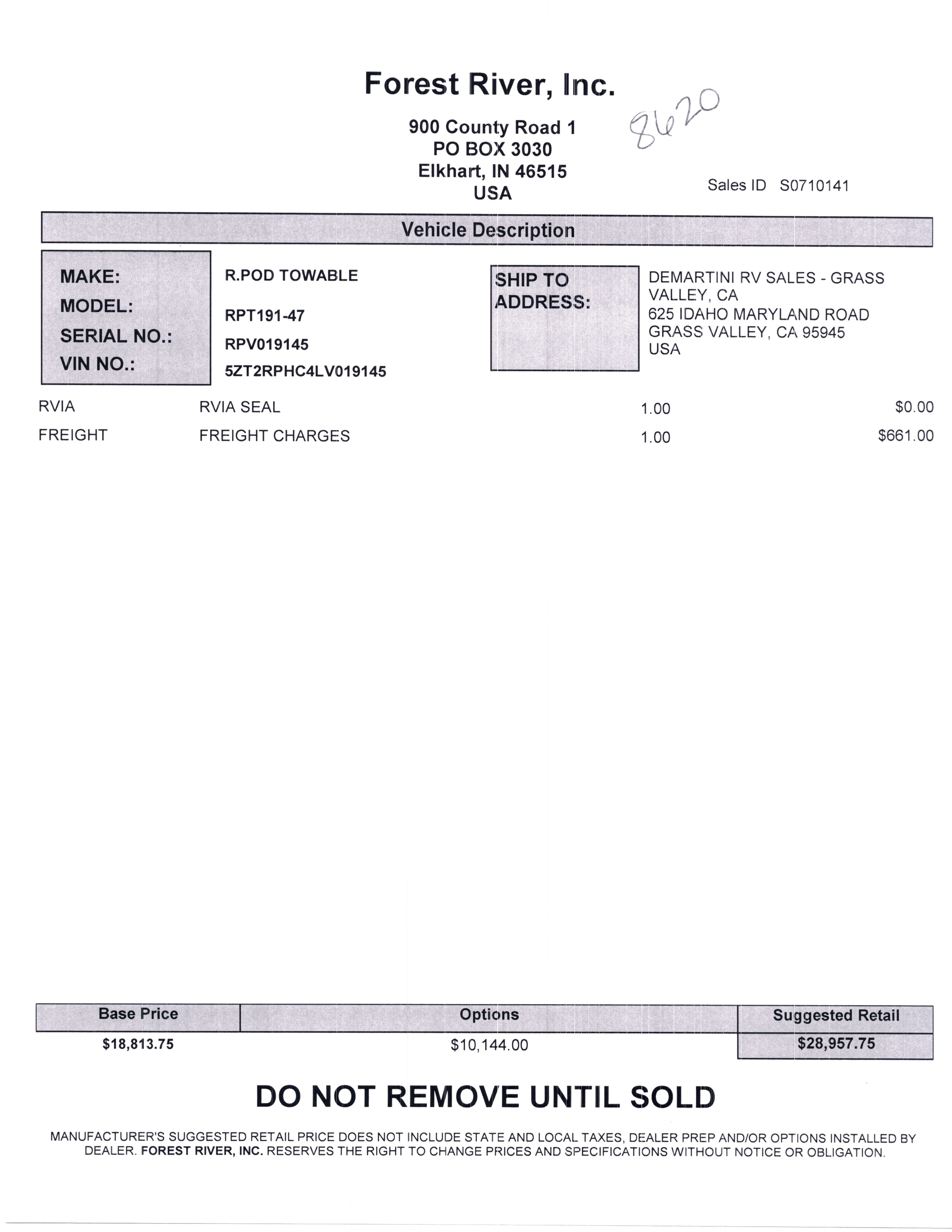 2020 Forest River R-Pod 191 MSRP Sheet