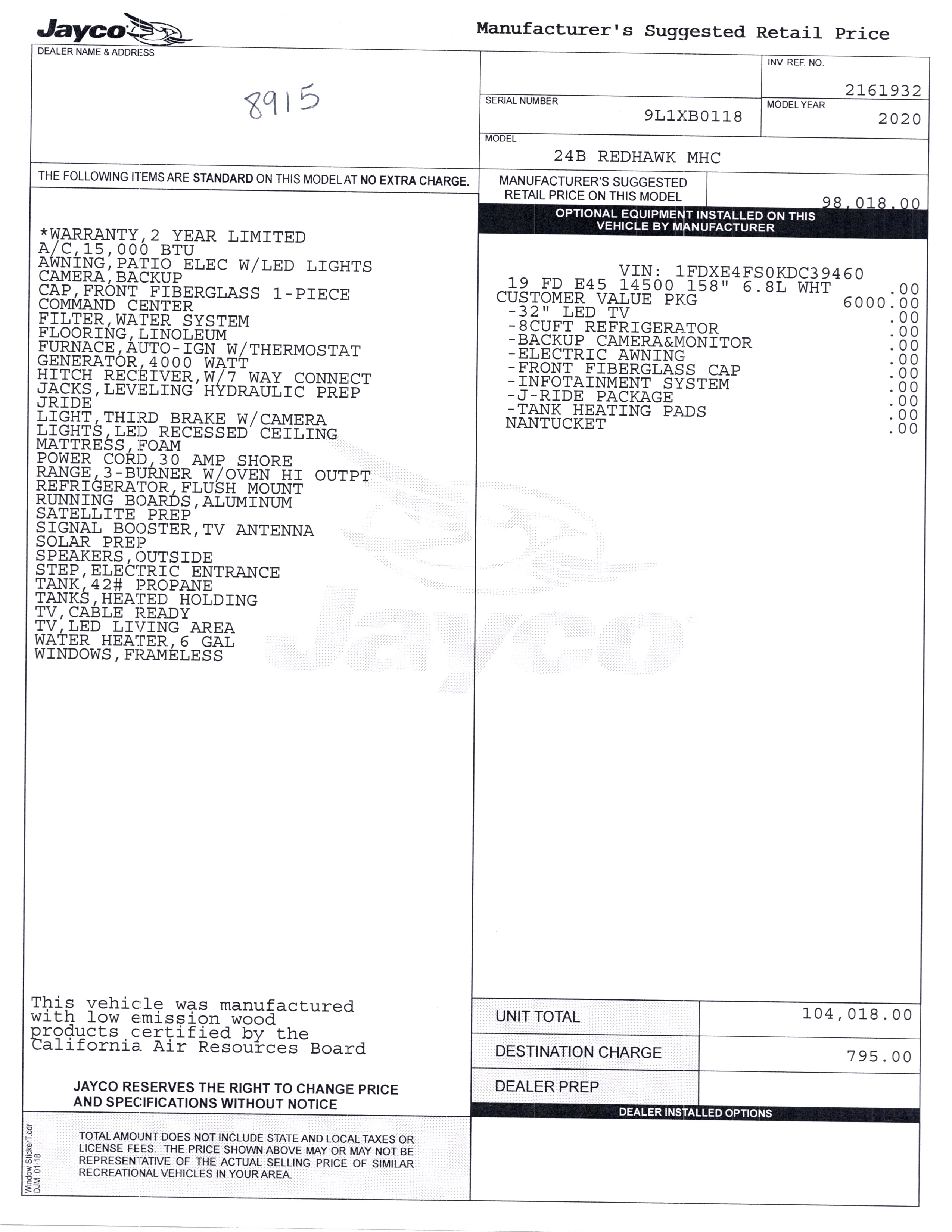 2020 Jayco Redhawk 24B MSRP Sheet