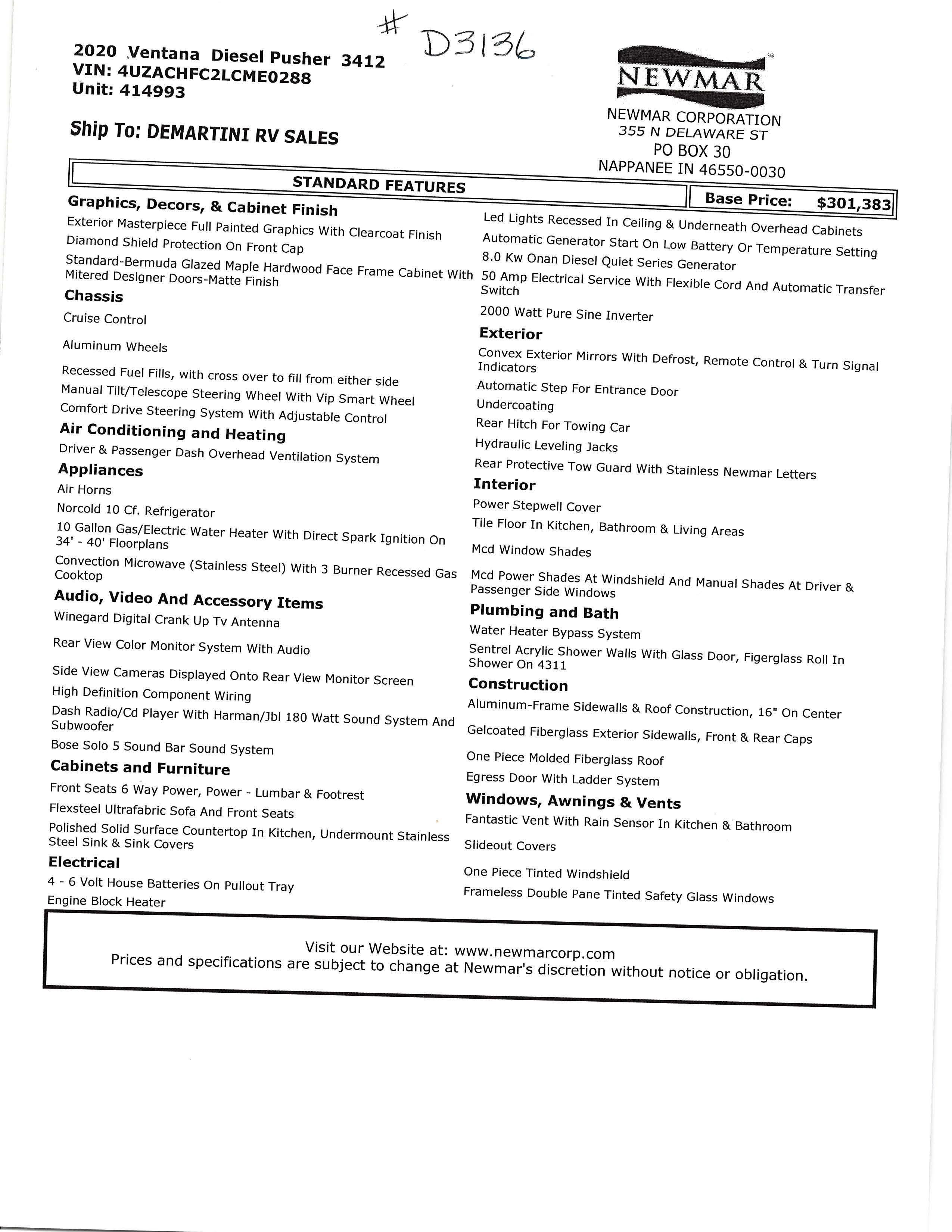 2020 Newmar Ventana 3412 MSRP Sheet