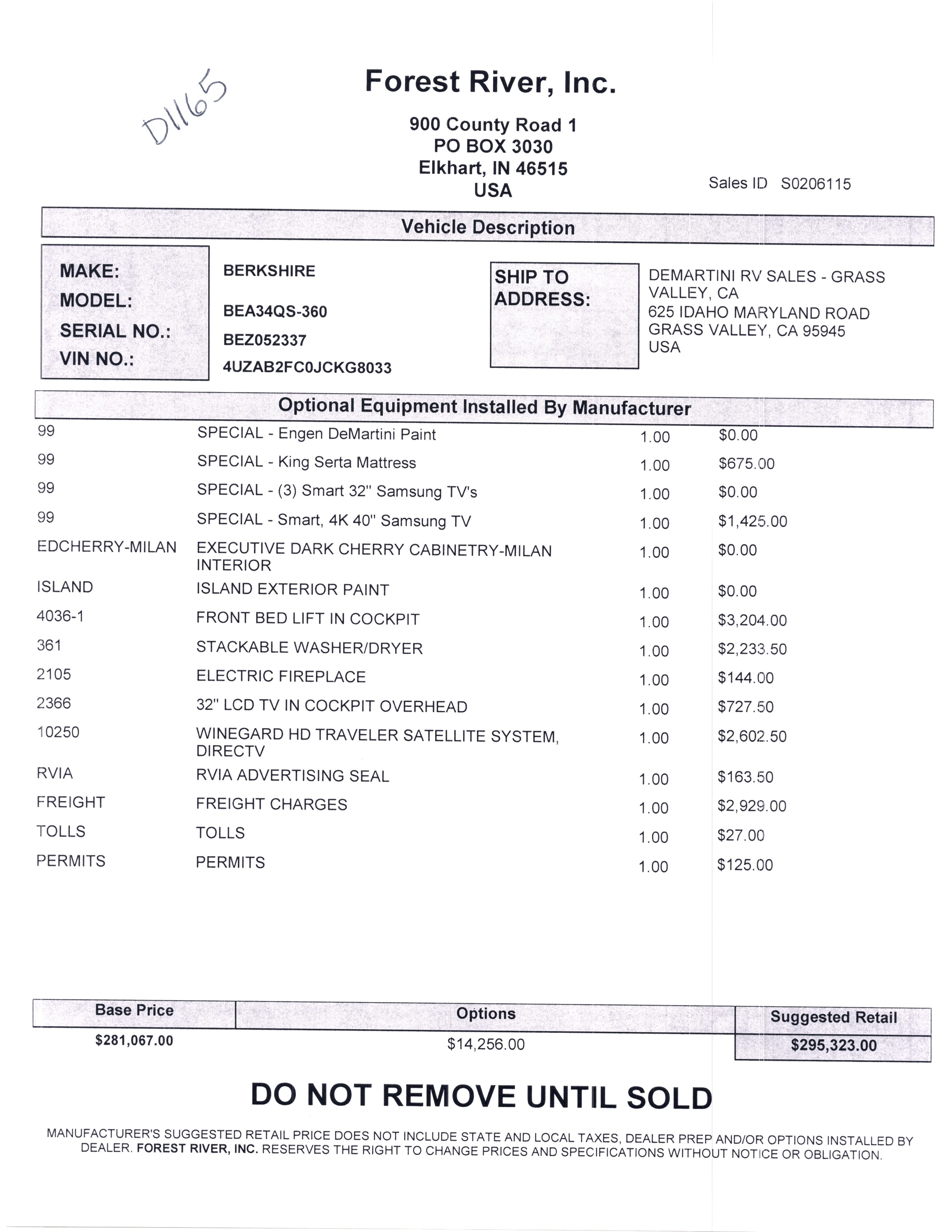 2019 Forest River Berkshire 34QS MSRP Sheet