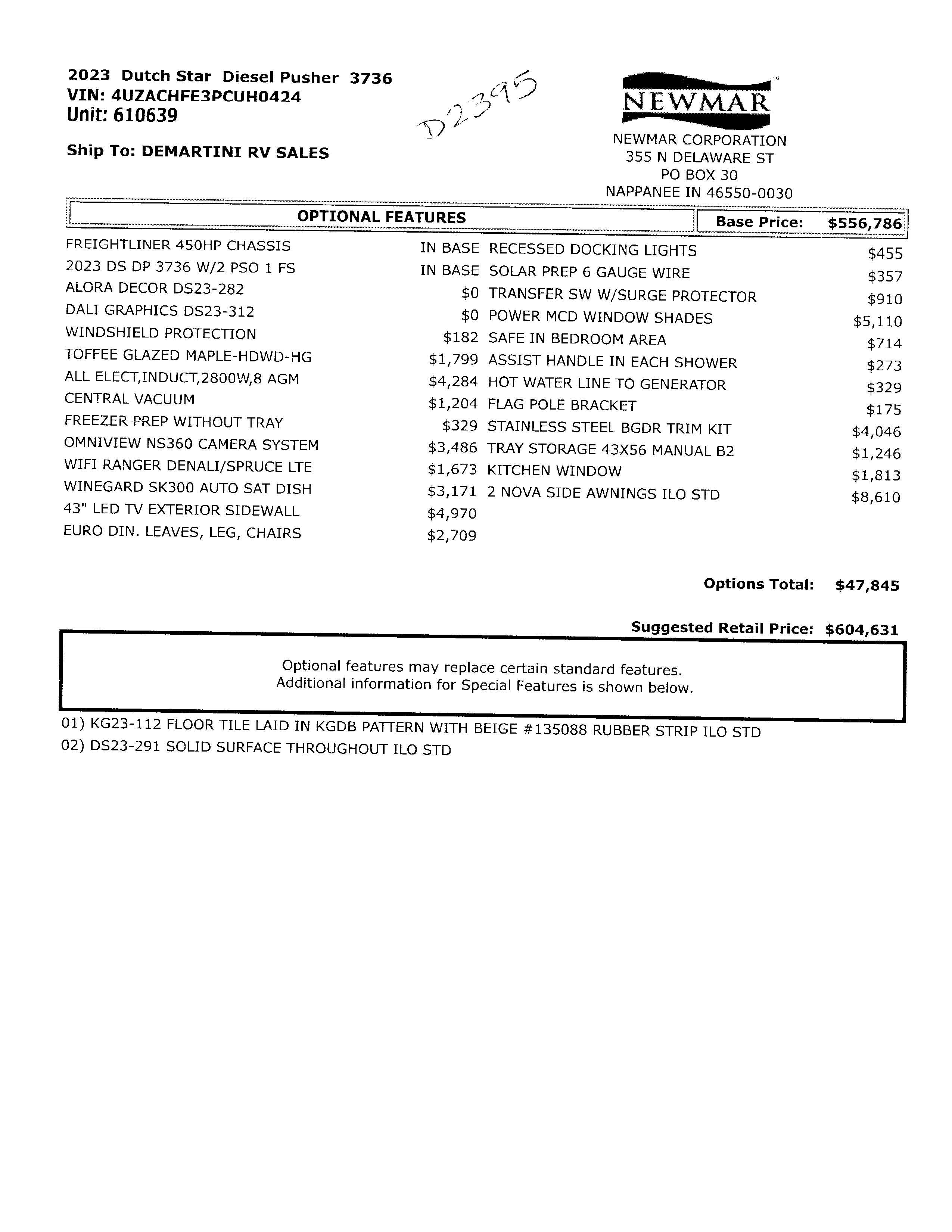 2023 Newmar Dutch Star 3736 MSRP Sheet