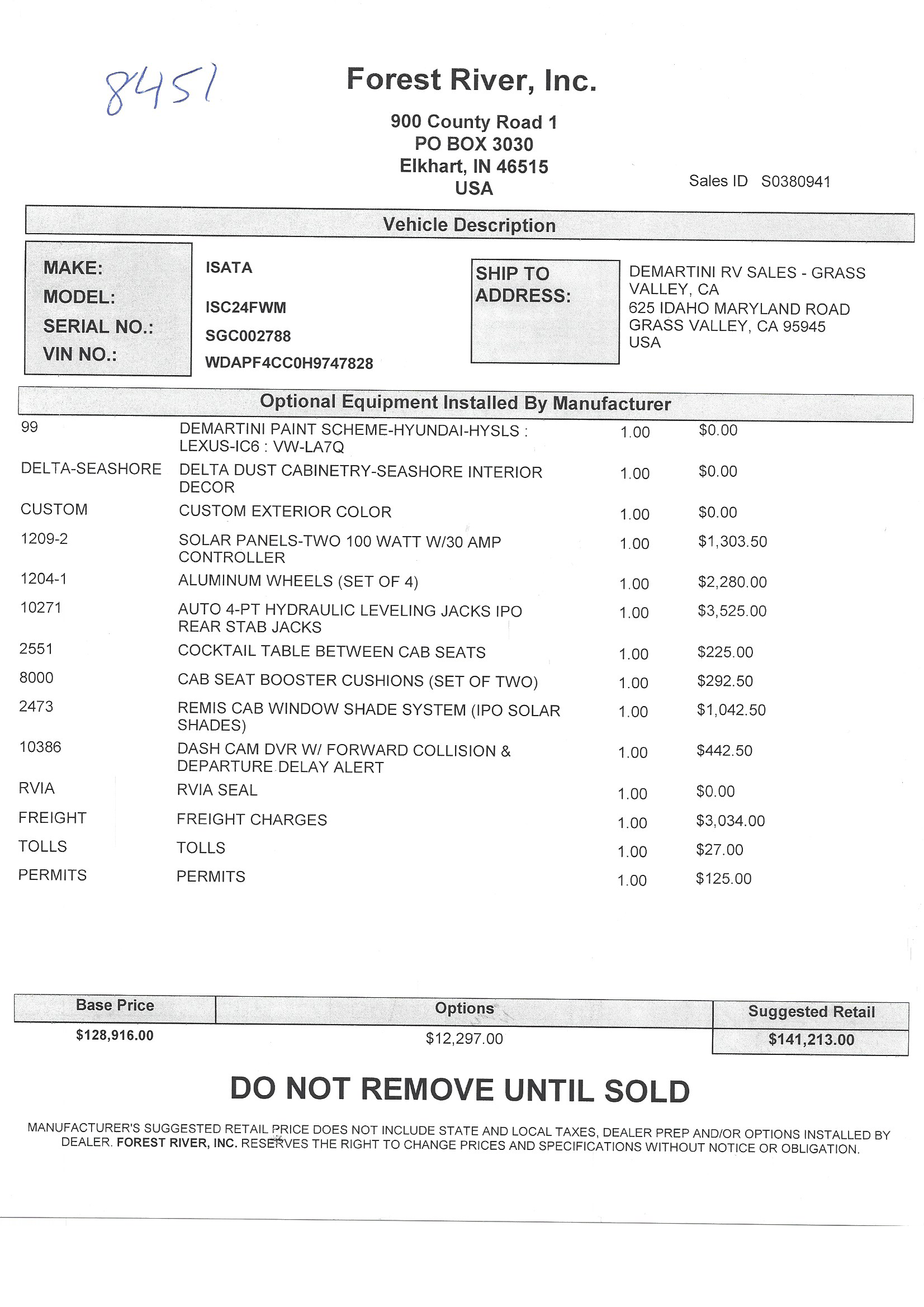 2019 Dynamax Isata 3 24FW MSRP Sheet