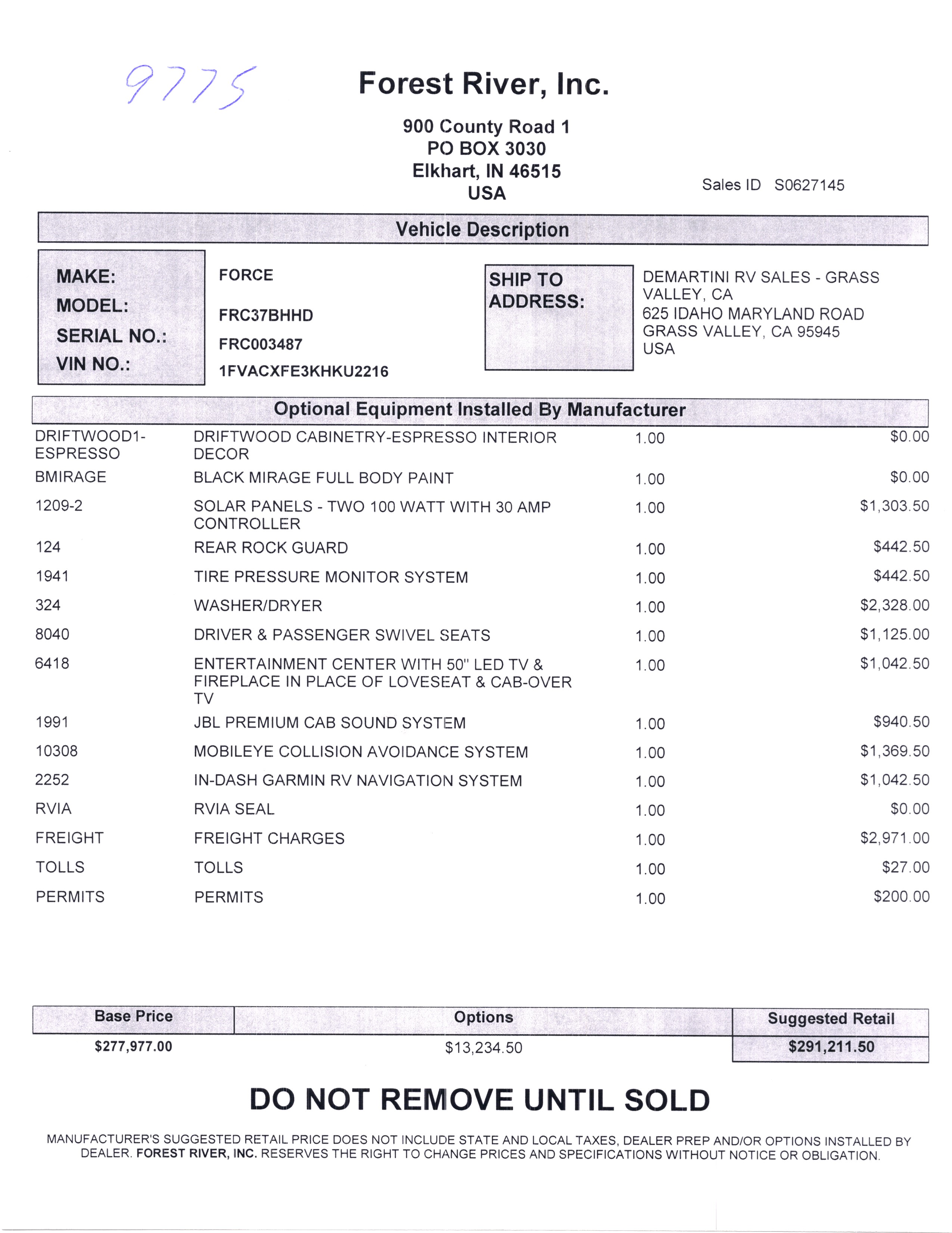 2020 Dynamax Force HD 37BH MSRP Sheet