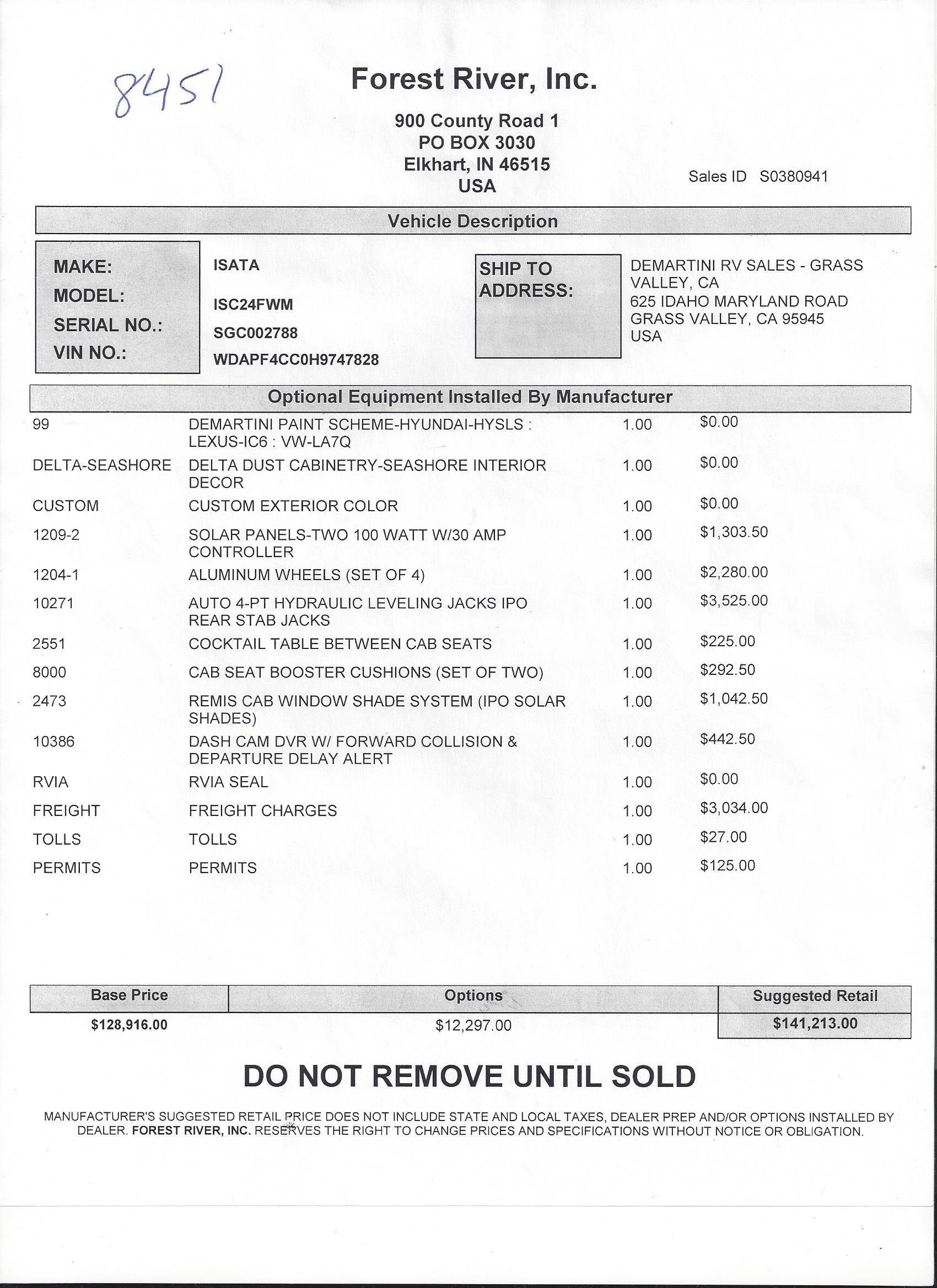 2019 Dynamax Isata 3 24FW MSRP Sheet