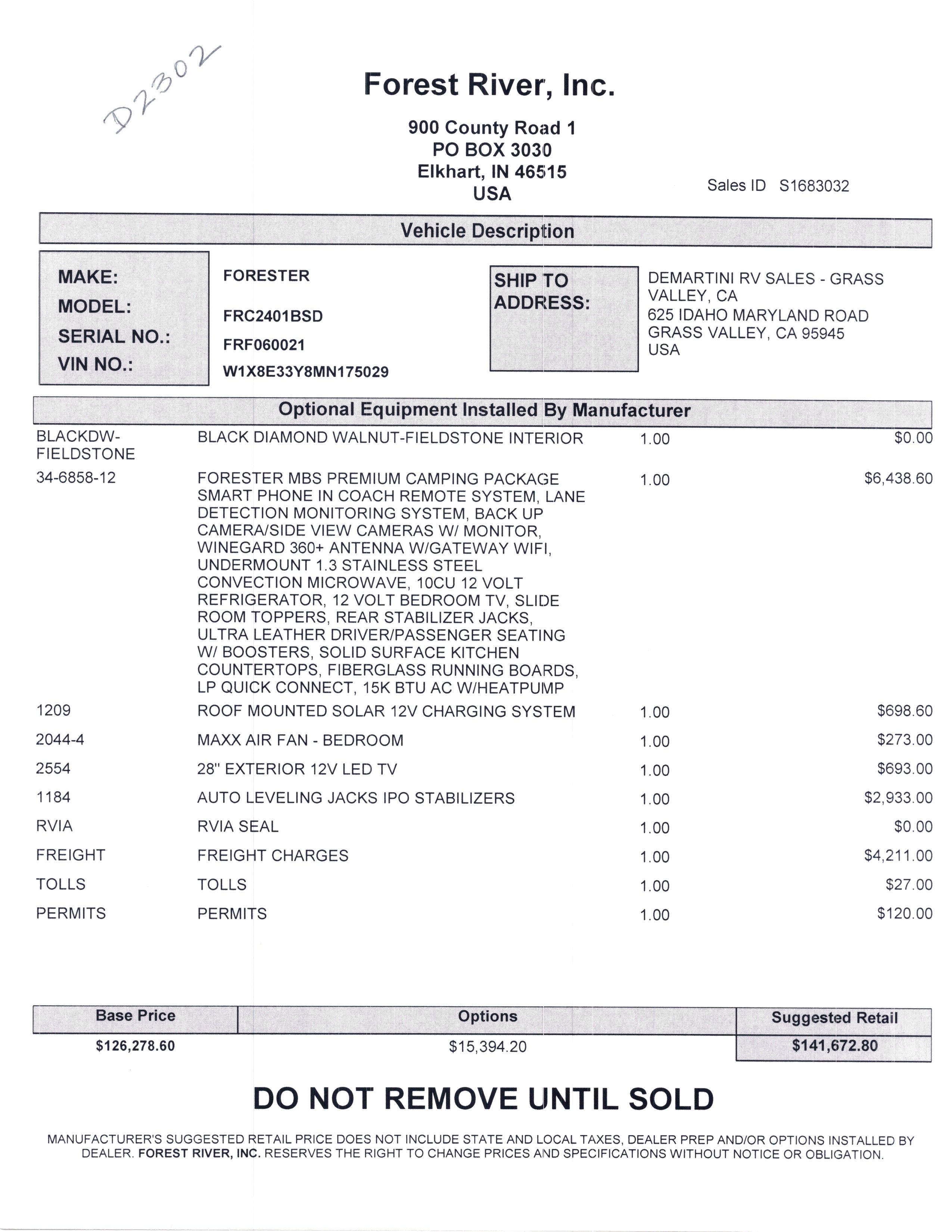 2022 Forest River Forester 2401B MSRP Sheet