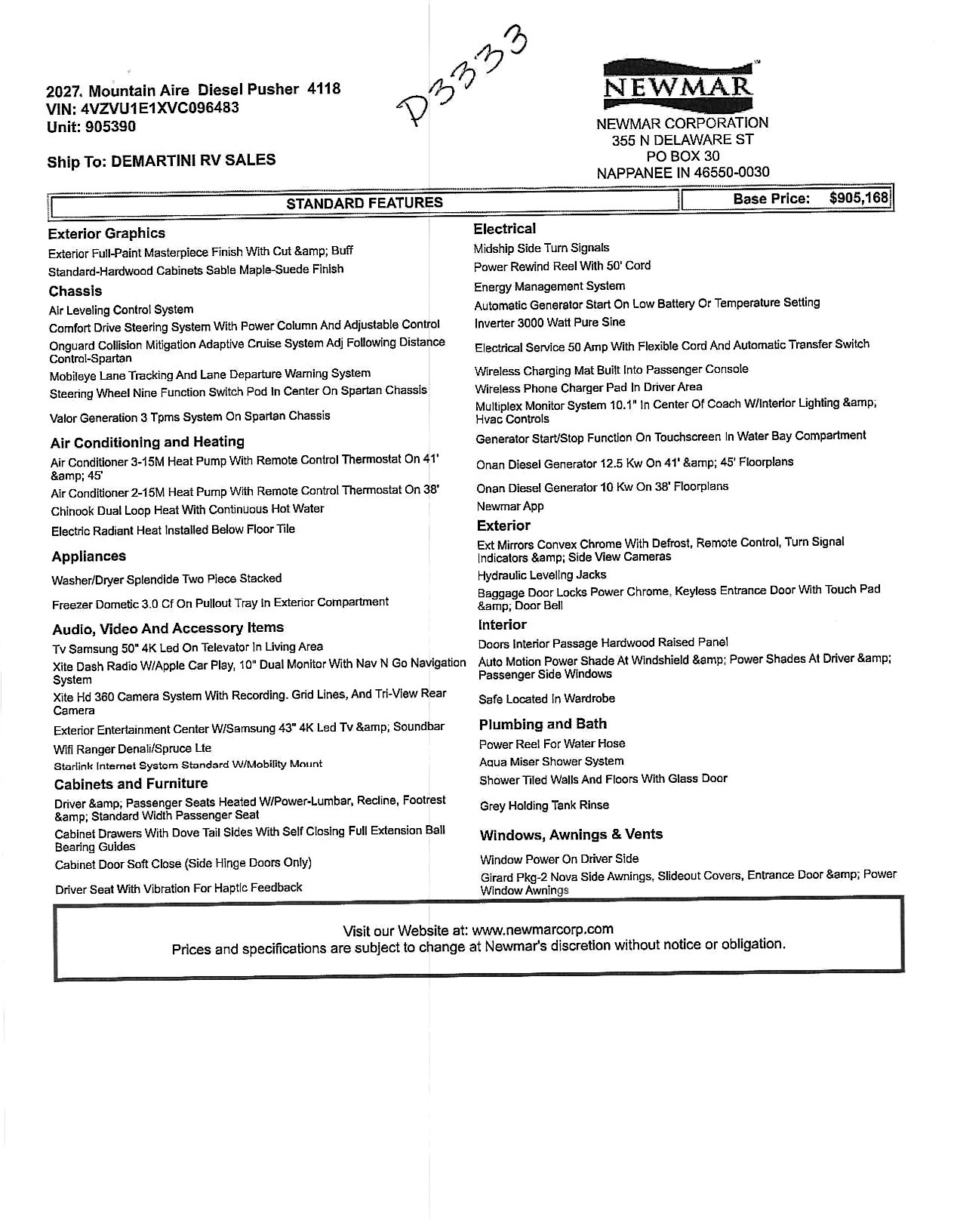 2027 Newmar Mountain Aire 4118 MSRP Sheet
