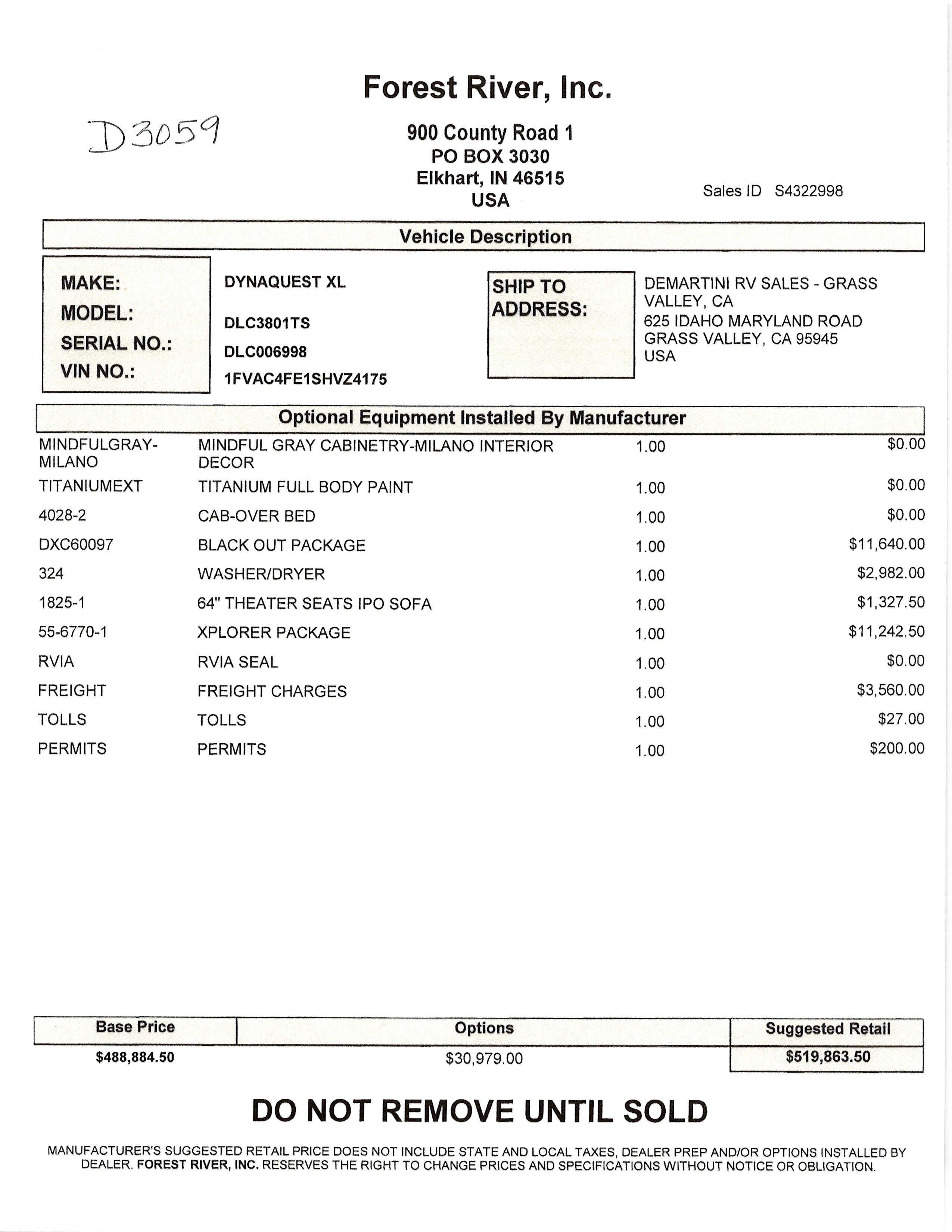 2026 Dynamax Dynaquest XL 3801TS w/Xplorer Pkg MSRP Sheet