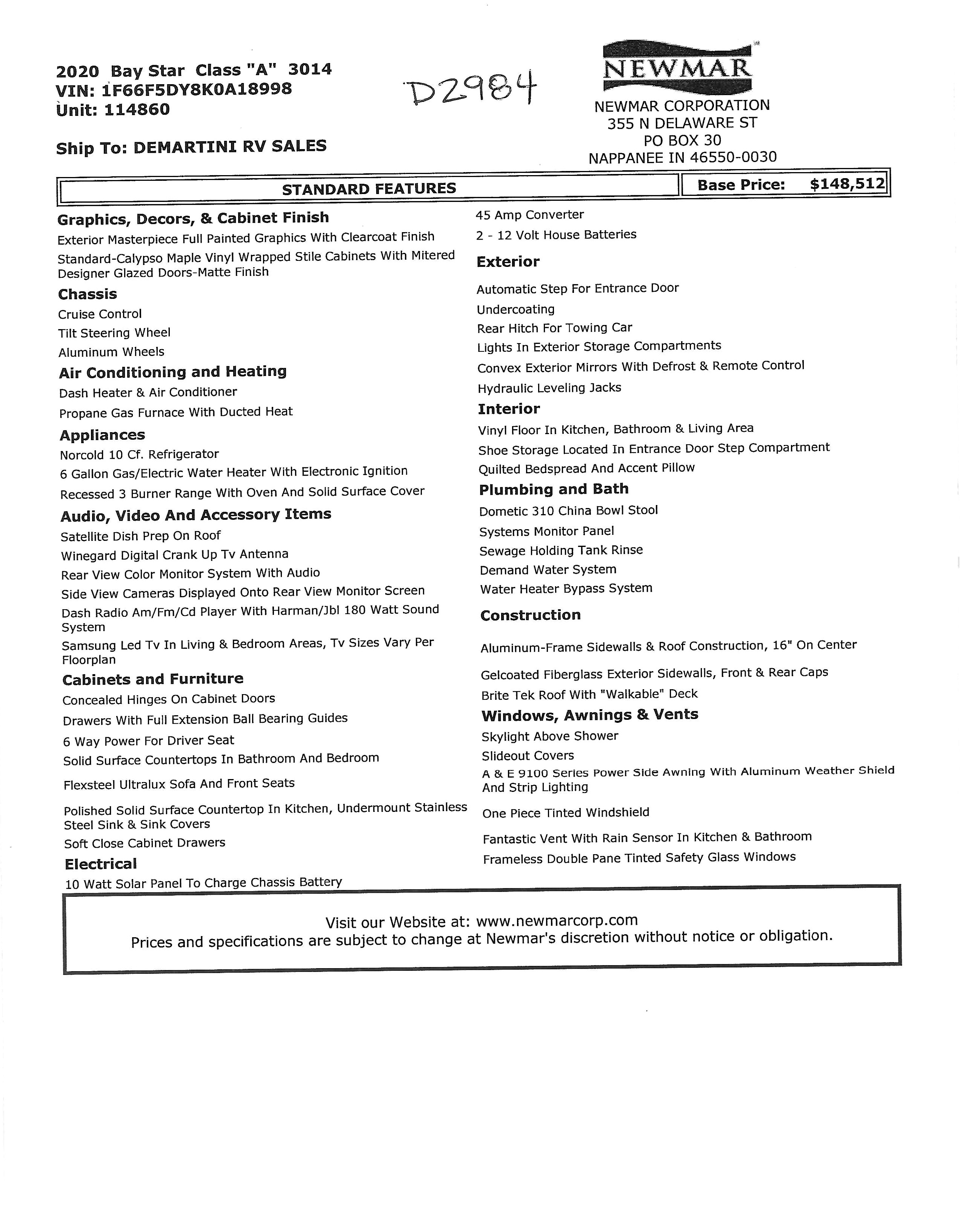 2020 Newmar Bay Star 3014 MSRP Sheet