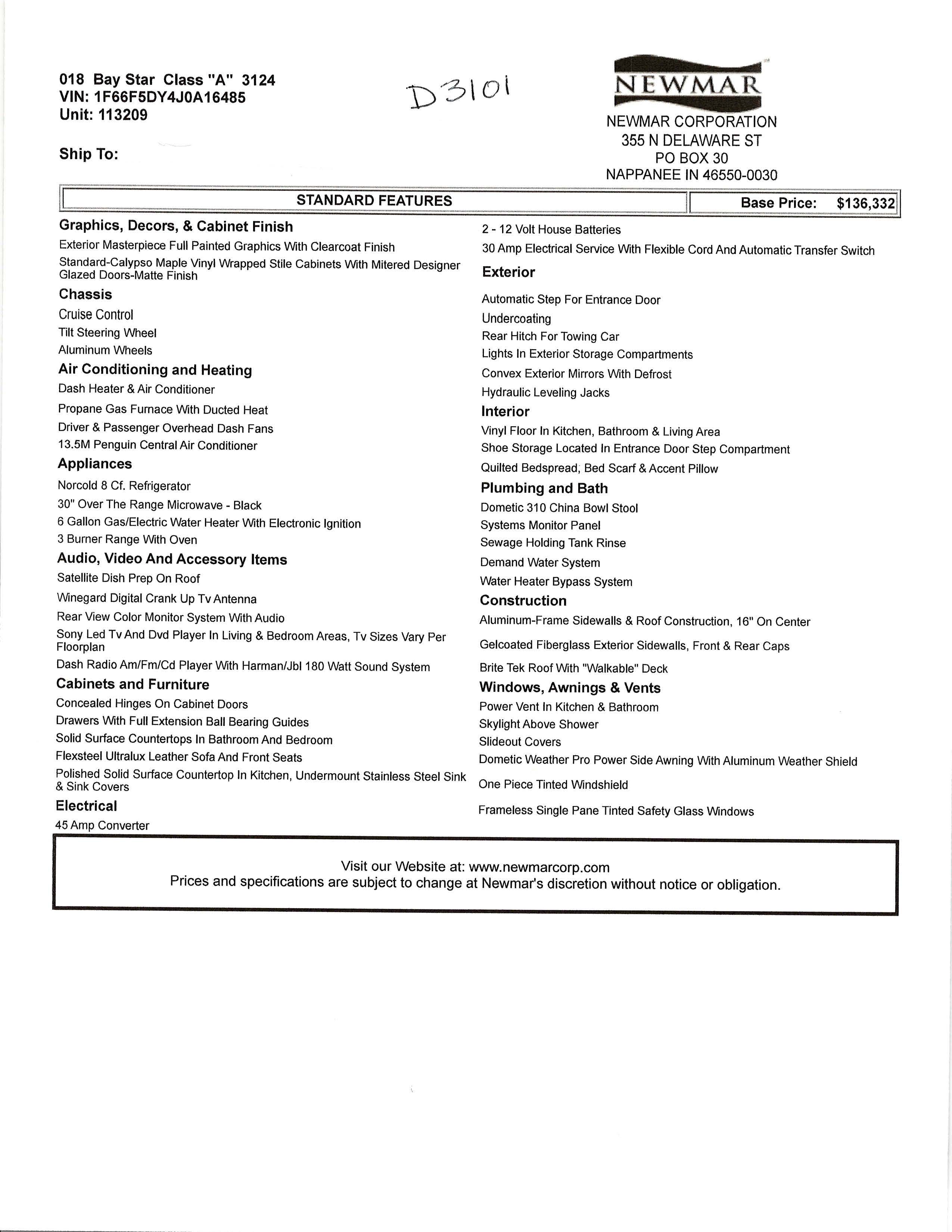 2018 Newmar Bay Star 3124 MSRP Sheet