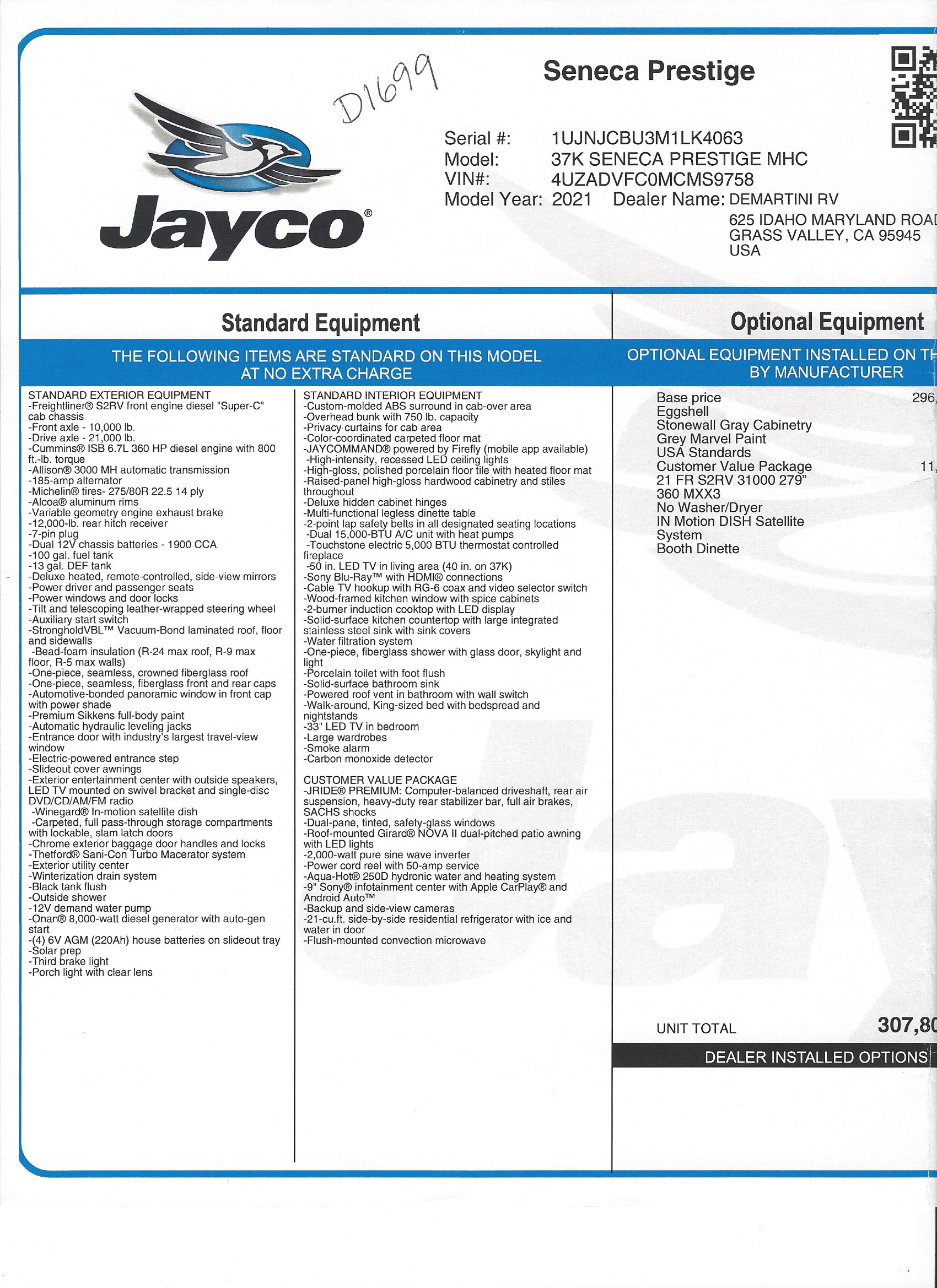 2021 Jayco Seneca Prestige 37K MSRP Sheet