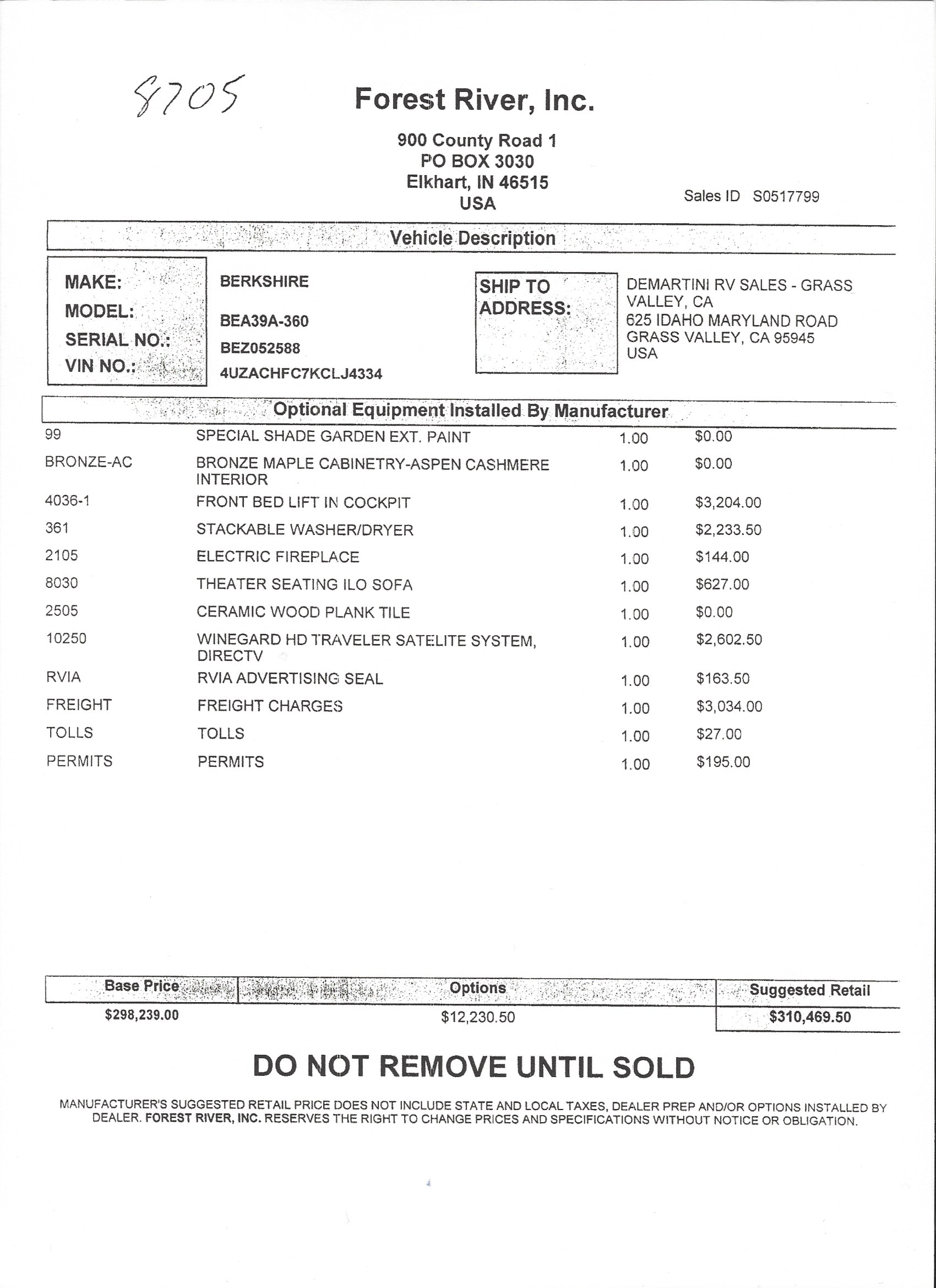 2019 Forest River Berkshire 39A MSRP Sheet