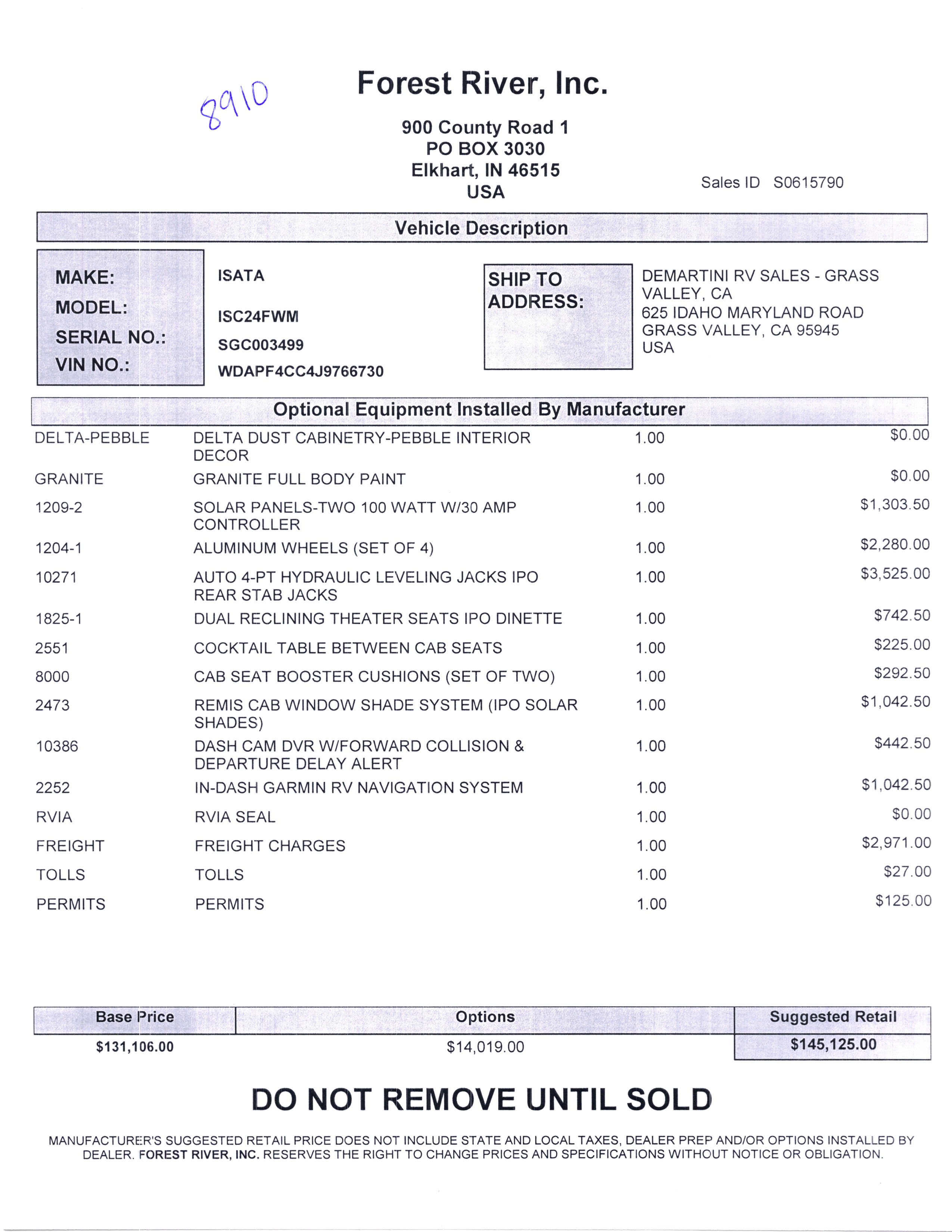 2020 Dynamax Isata 3 24FW MSRP Sheet