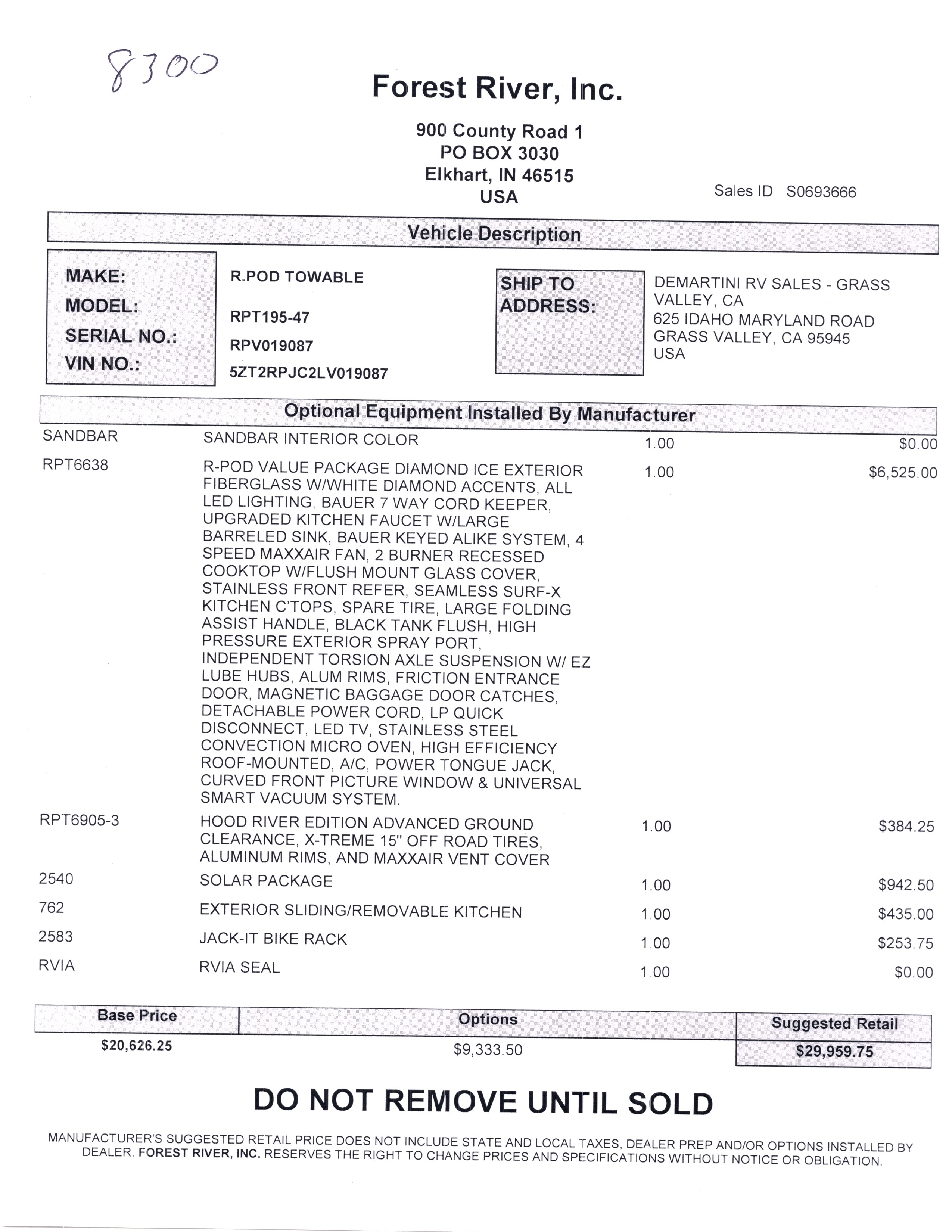 2020 Forest River R-Pod 195 MSRP Sheet