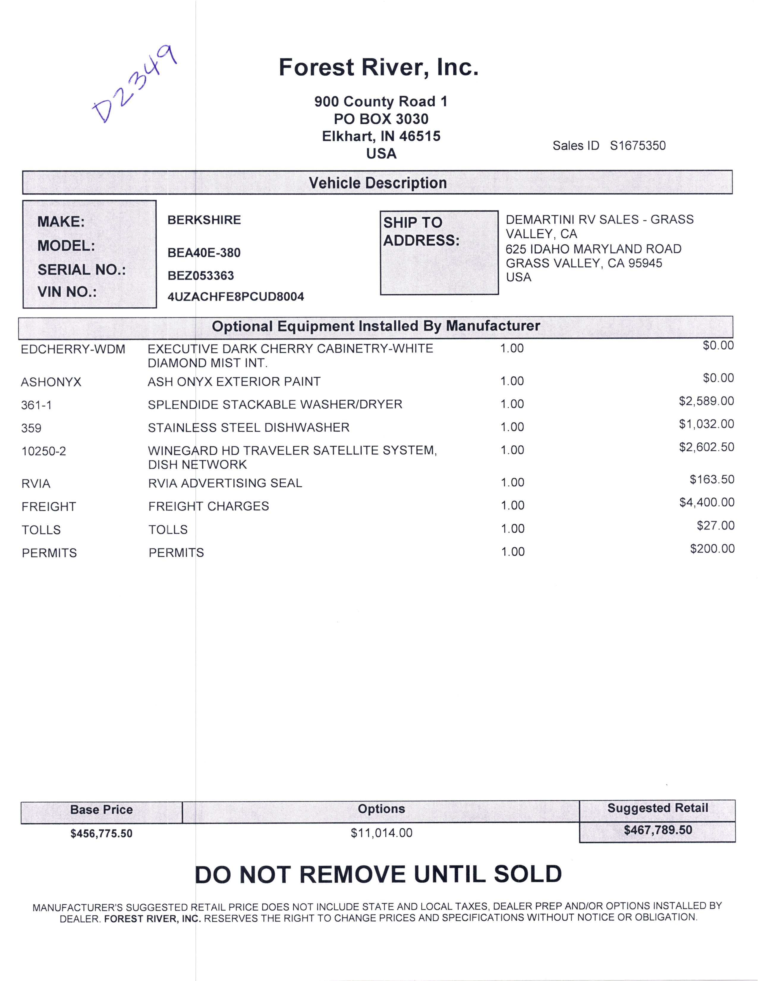 2022 Forest River Berkshire XL 40E MSRP Sheet