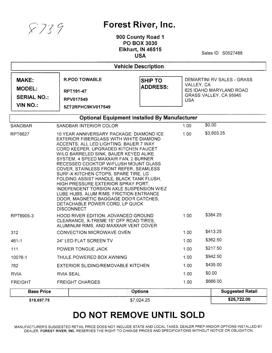 2019 Forest River R-Pod 191 MSRP Sheet