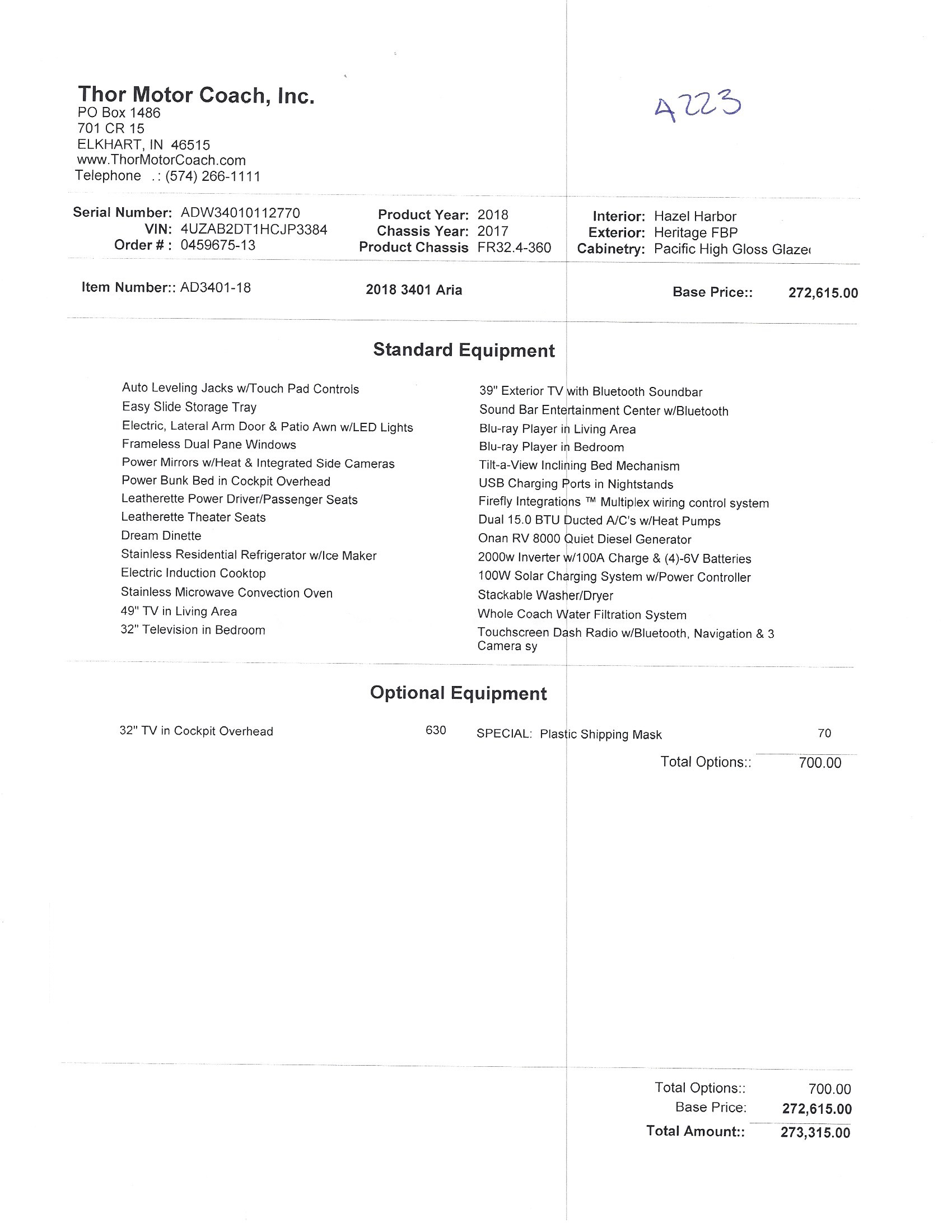 2018 Thor Aria 3401 MSRP Sheet