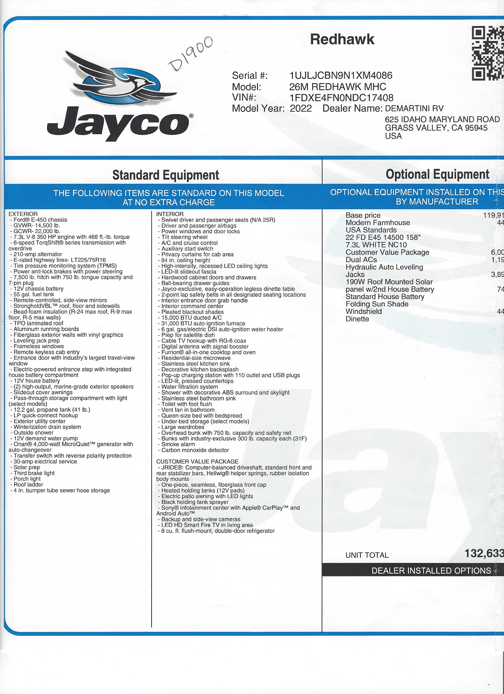 2022 Jayco Redhawk 26M MSRP Sheet