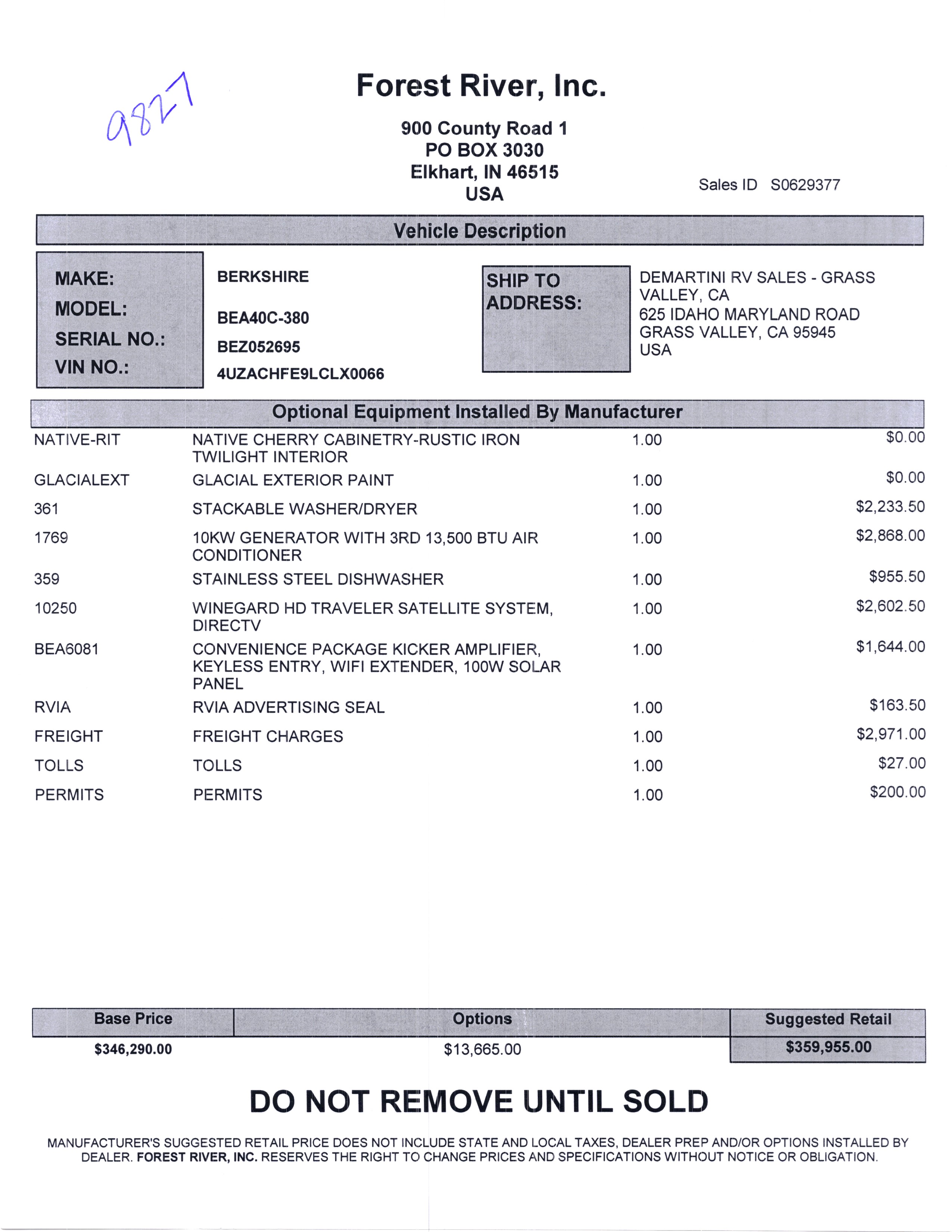 2020 Forest River Berkshire XL 40C MSRP Sheet