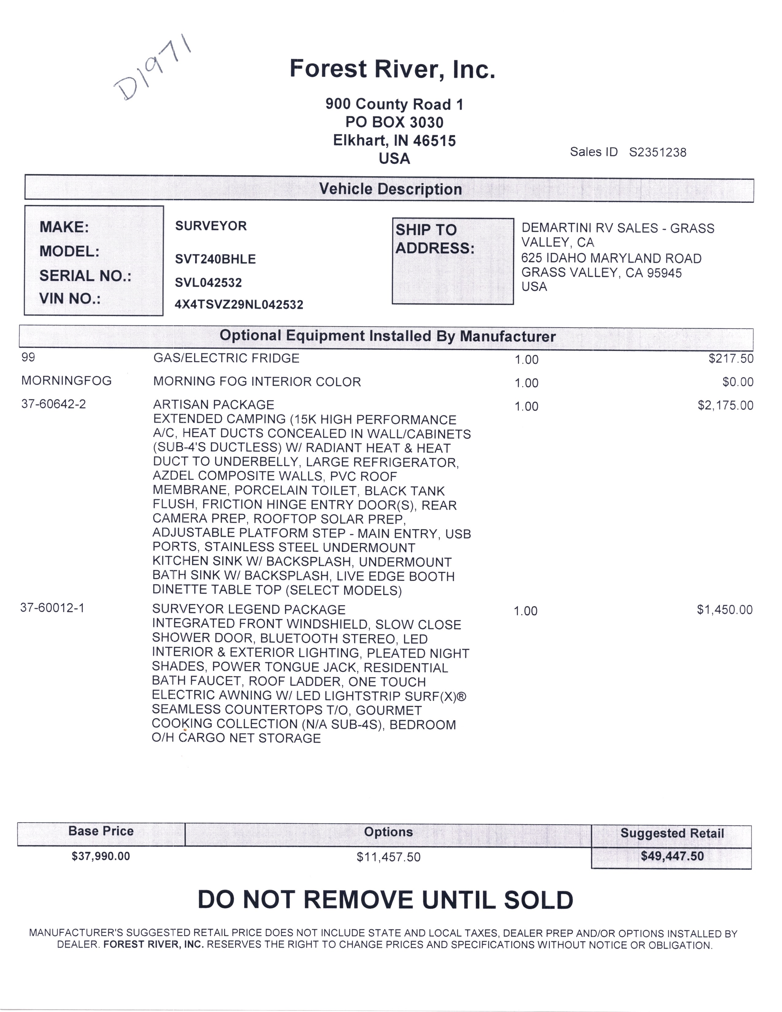 2022 Forest River Surveyor Legend 240BHLE MSRP Sheet