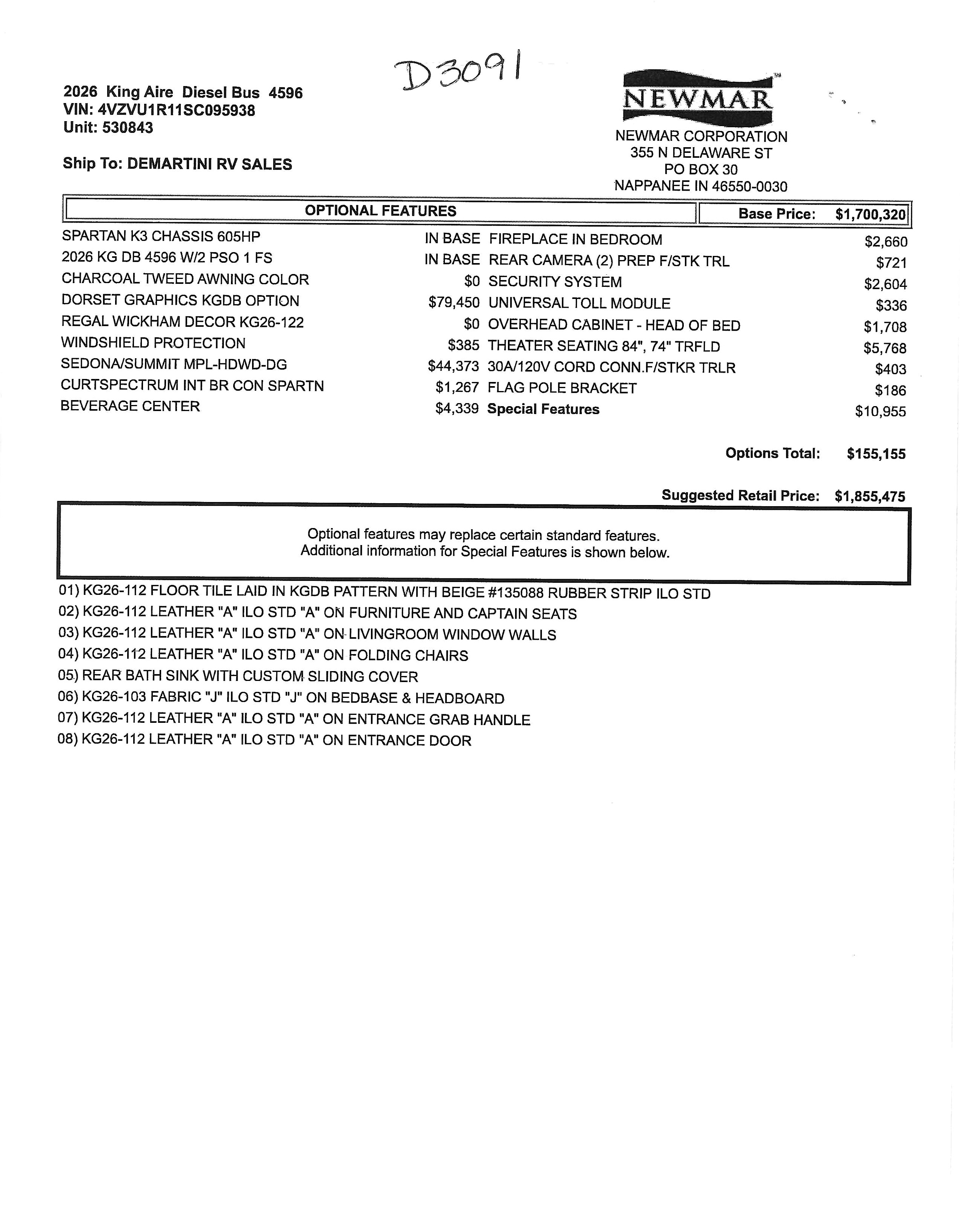 2026 Newmar King Aire 4596 MSRP Sheet