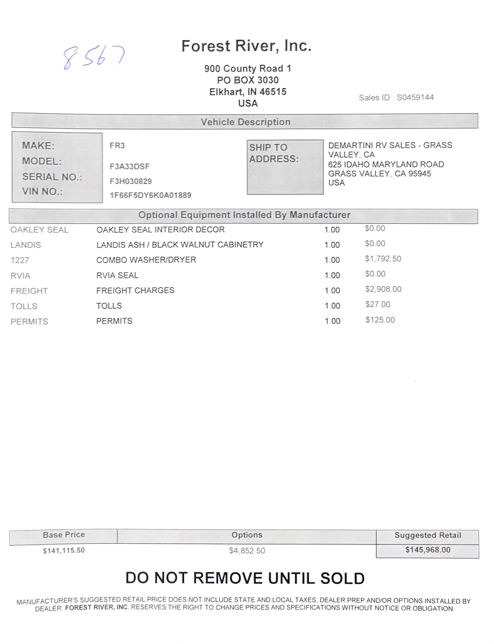 2019 Forest River FR3 33DS MSRP Sheet