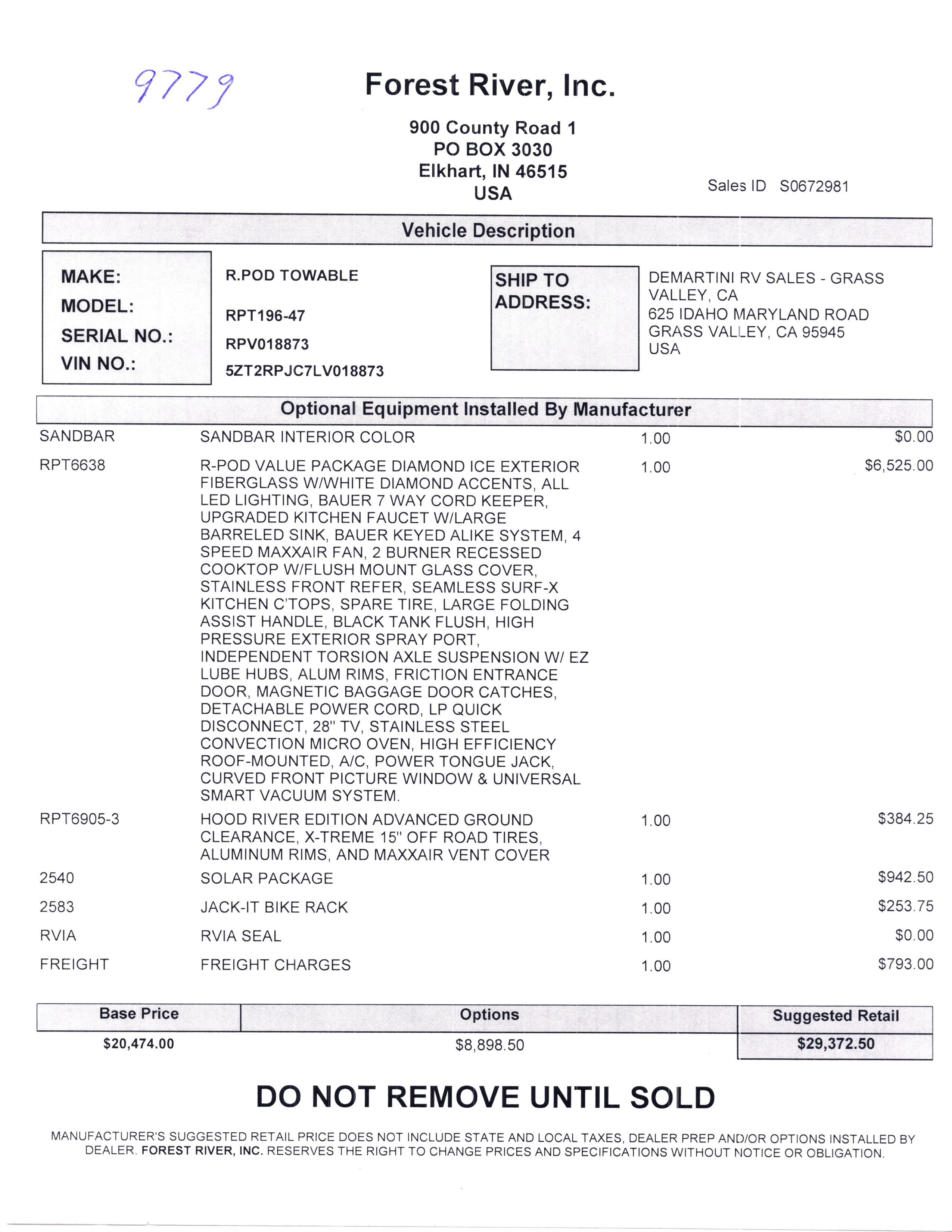 2020 Forest River R-Pod 196 MSRP Sheet