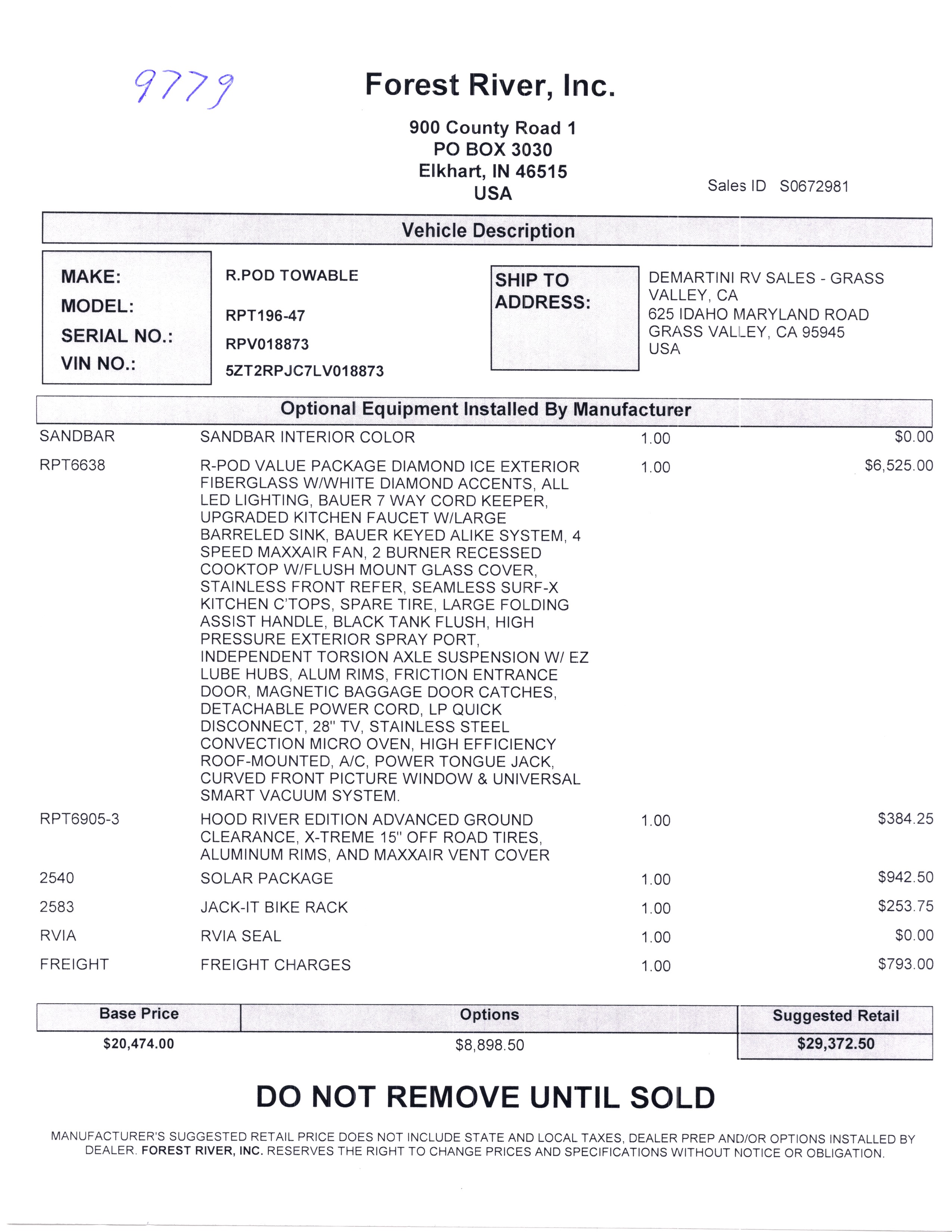 2020 Forest River R-Pod 196 MSRP Sheet