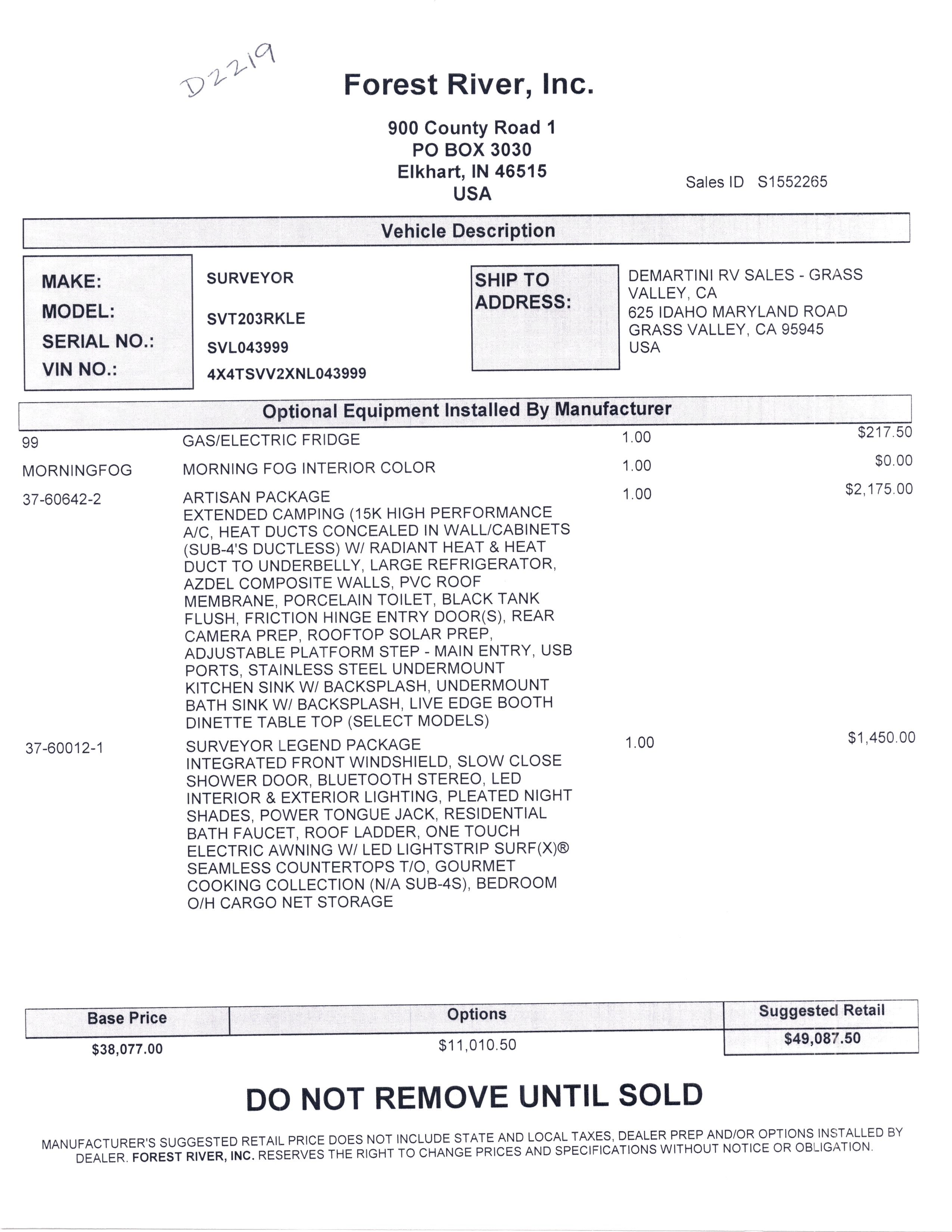 2022 Forest River Surveyor Legend 203RKLE MSRP Sheet