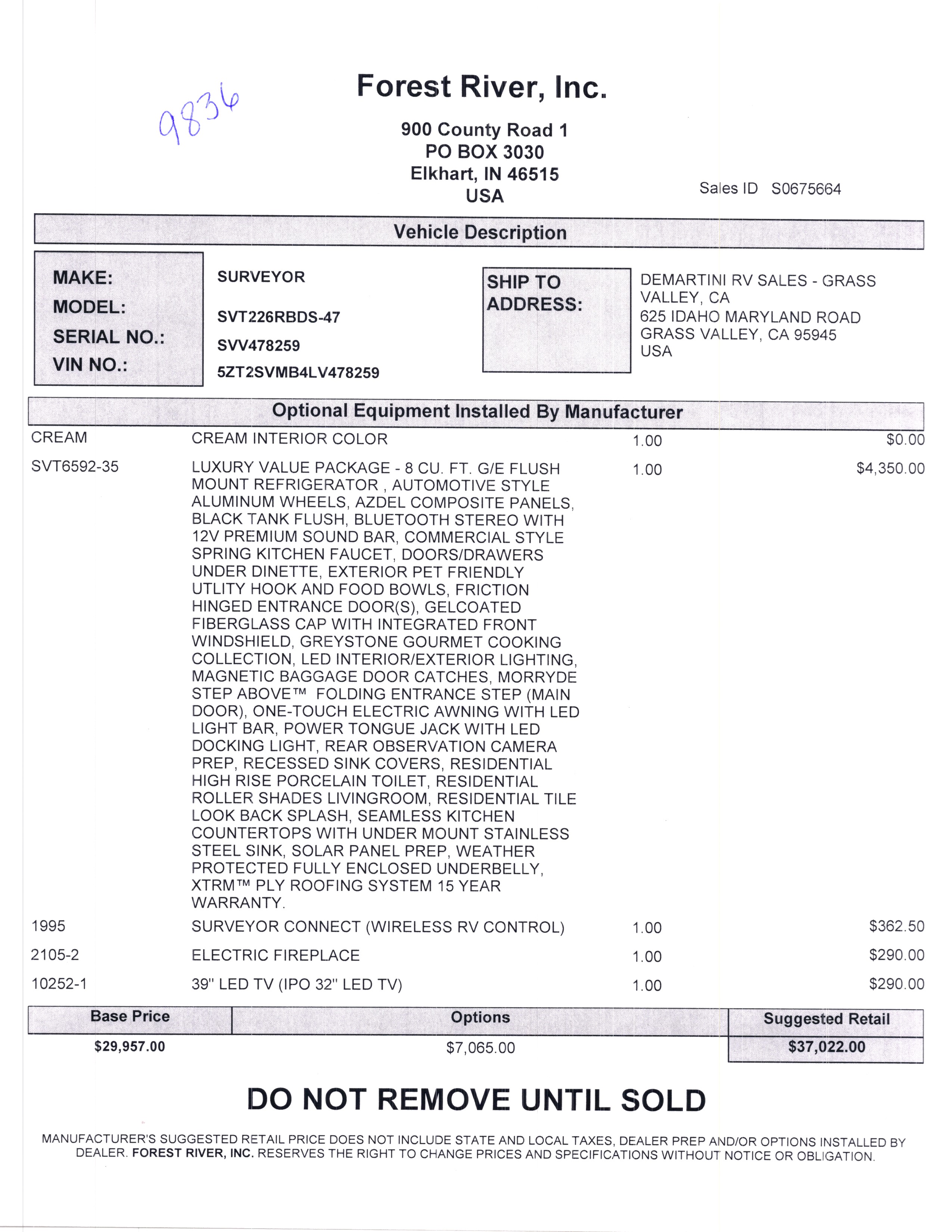 2020 Forest River Surveyor Luxury 226RBDS MSRP Sheet