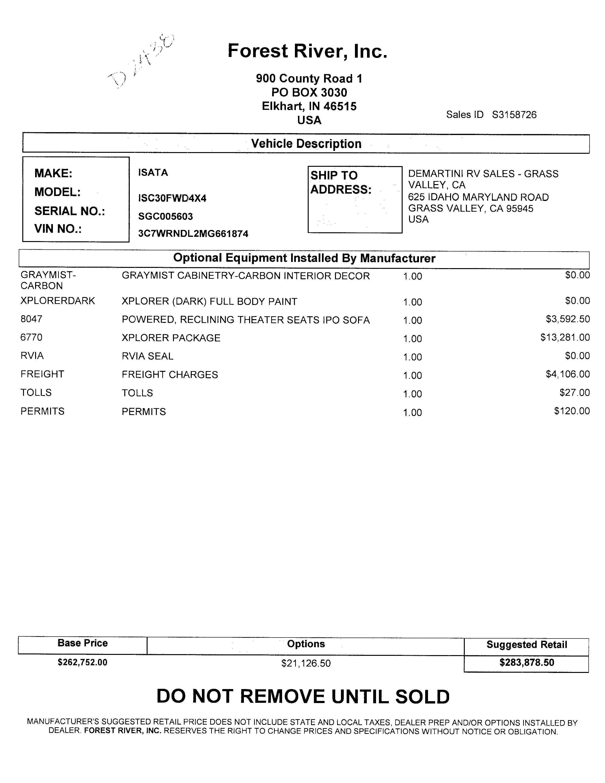 2023 Dynamax Isata 5 4x4 30FW MSRP Sheet