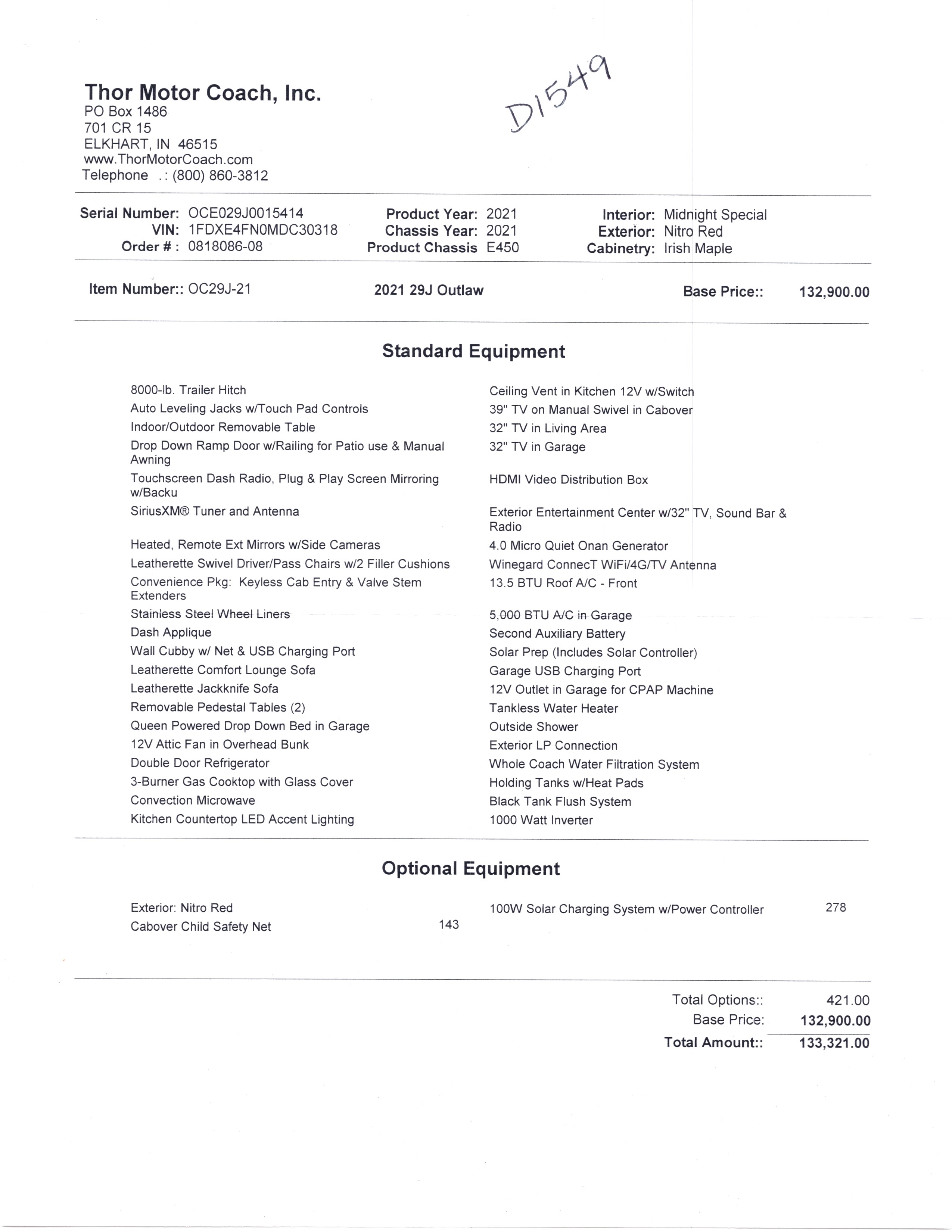 2021 Thor Outlaw 29J MSRP Sheet