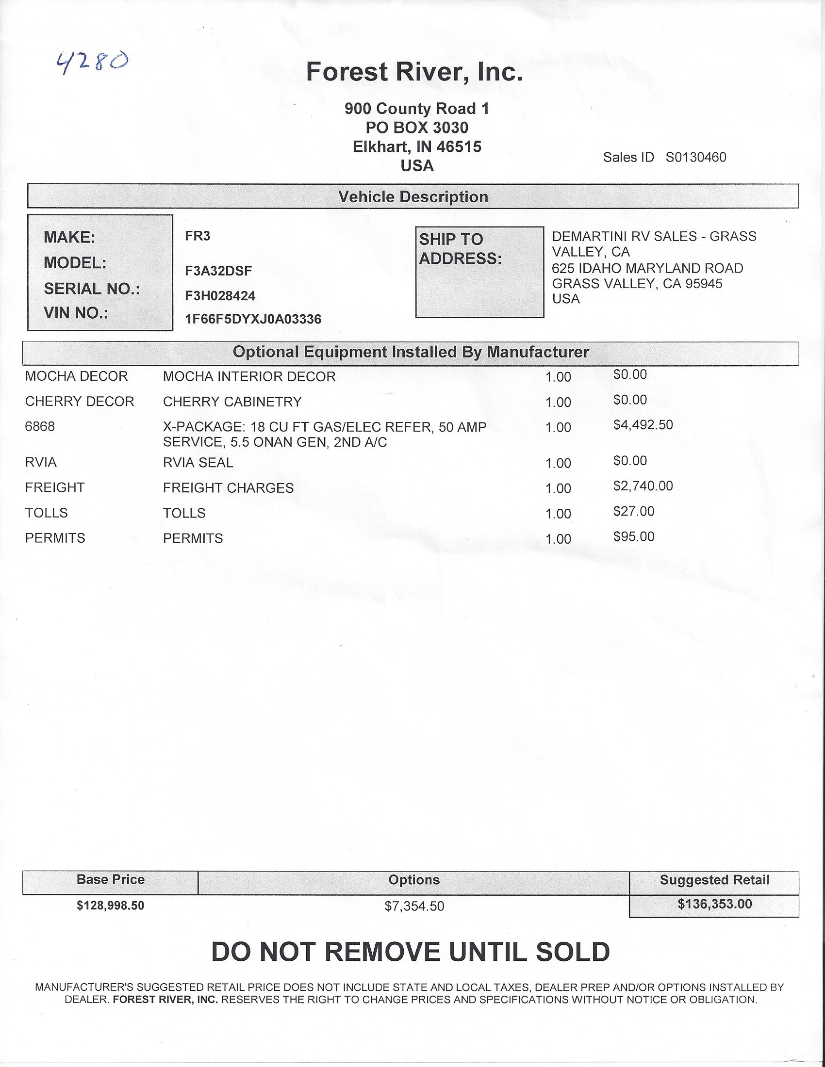 2018 Forest River FR3 32DS MSRP Sheet