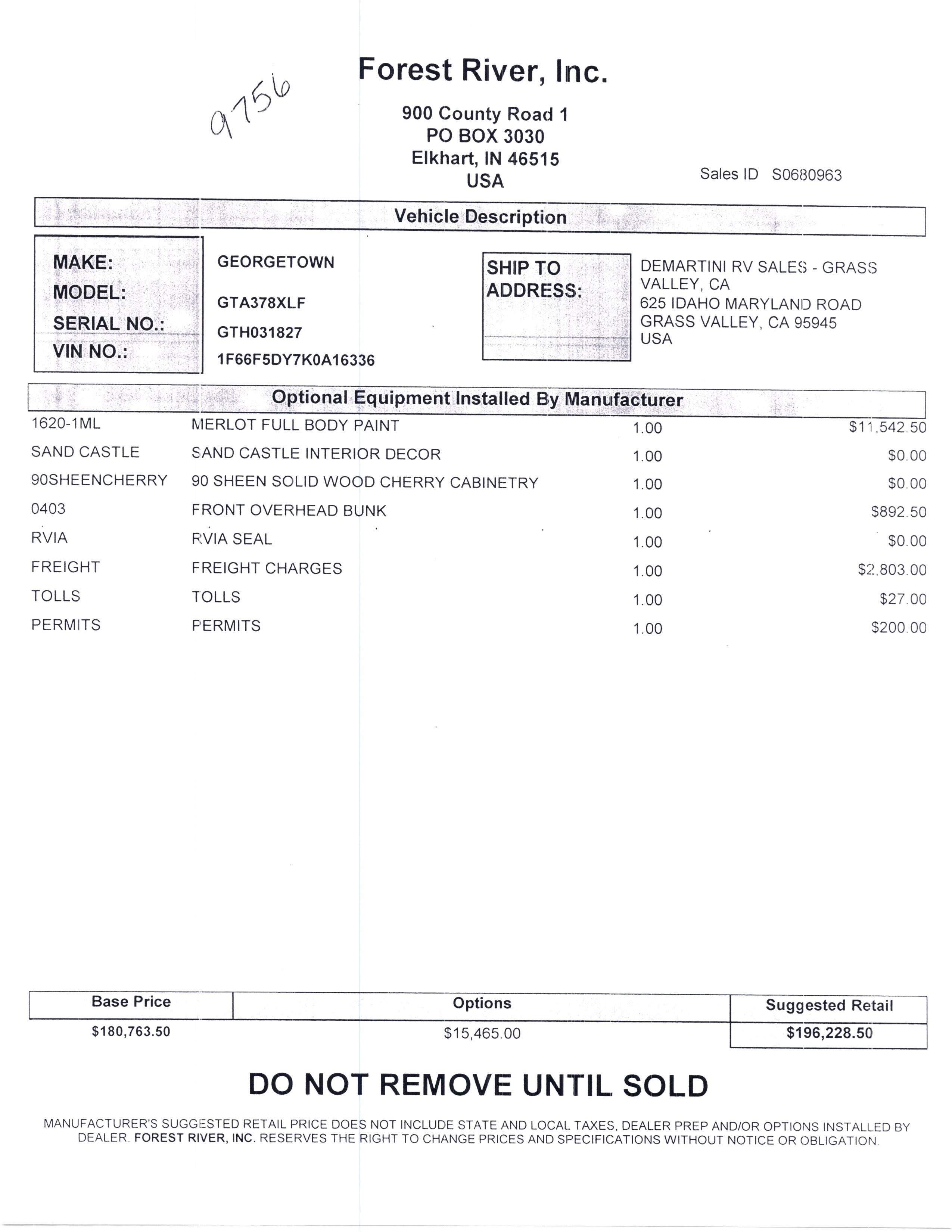 2020 Forest River Georgetown XL 378TS MSRP Sheet