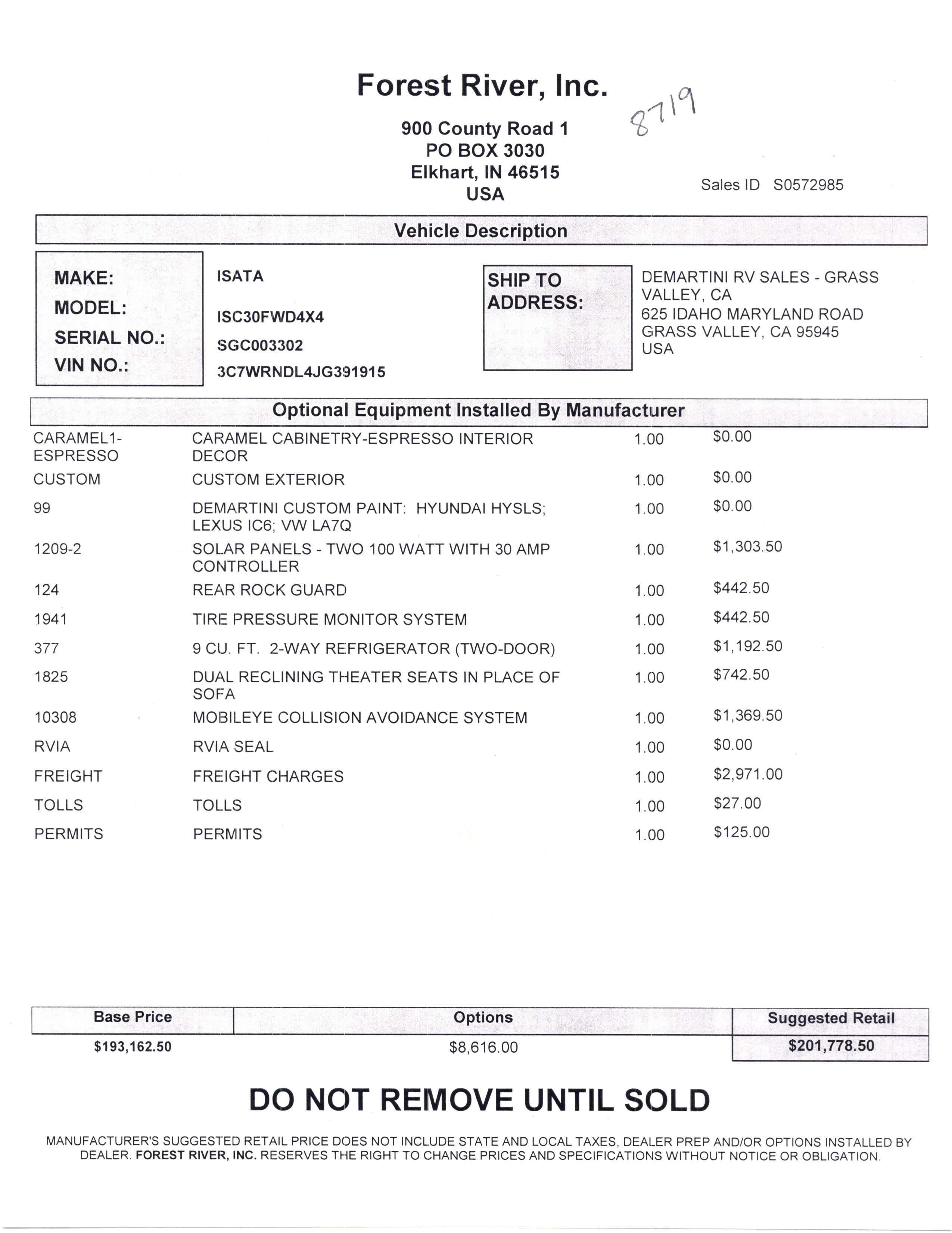 2020 Dynamax Isata 5 30FW 4X4 MSRP Sheet