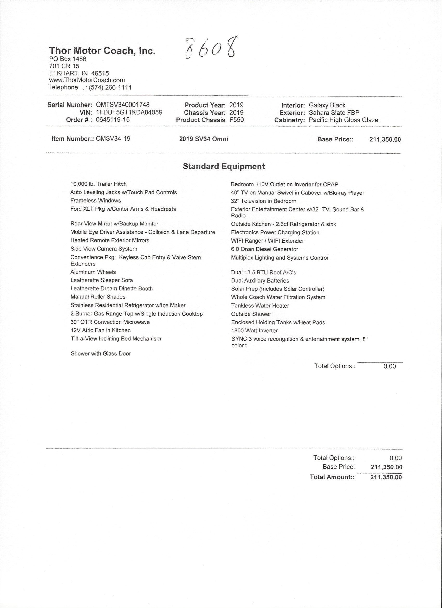 2019 Thor Omni SV34 MSRP Sheet