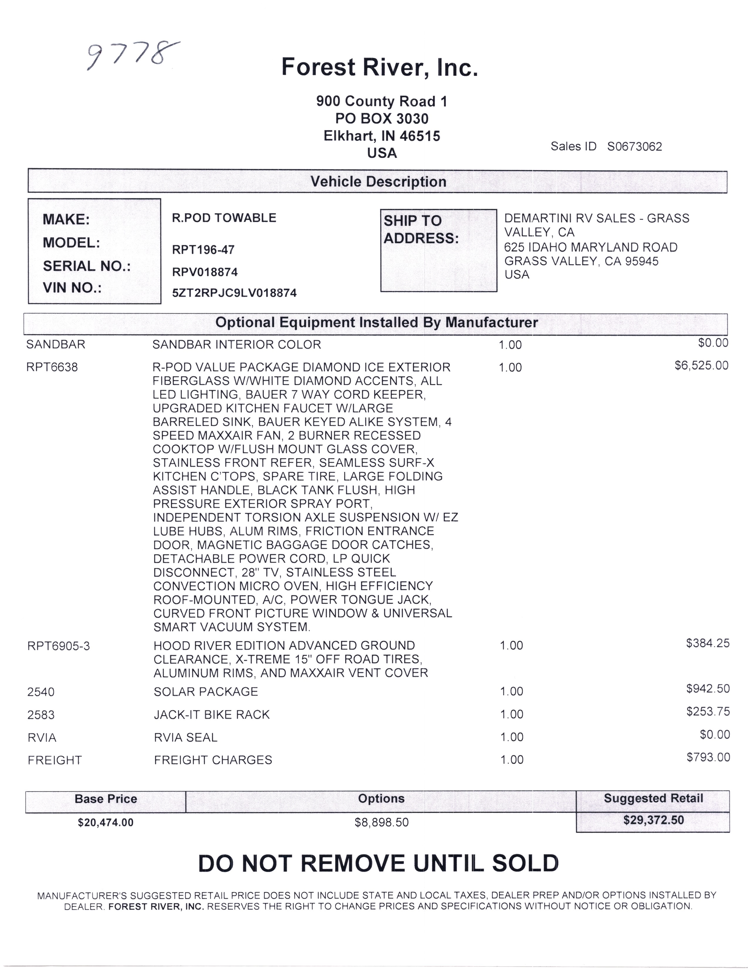 2020 Forest River R-Pod 196 MSRP Sheet